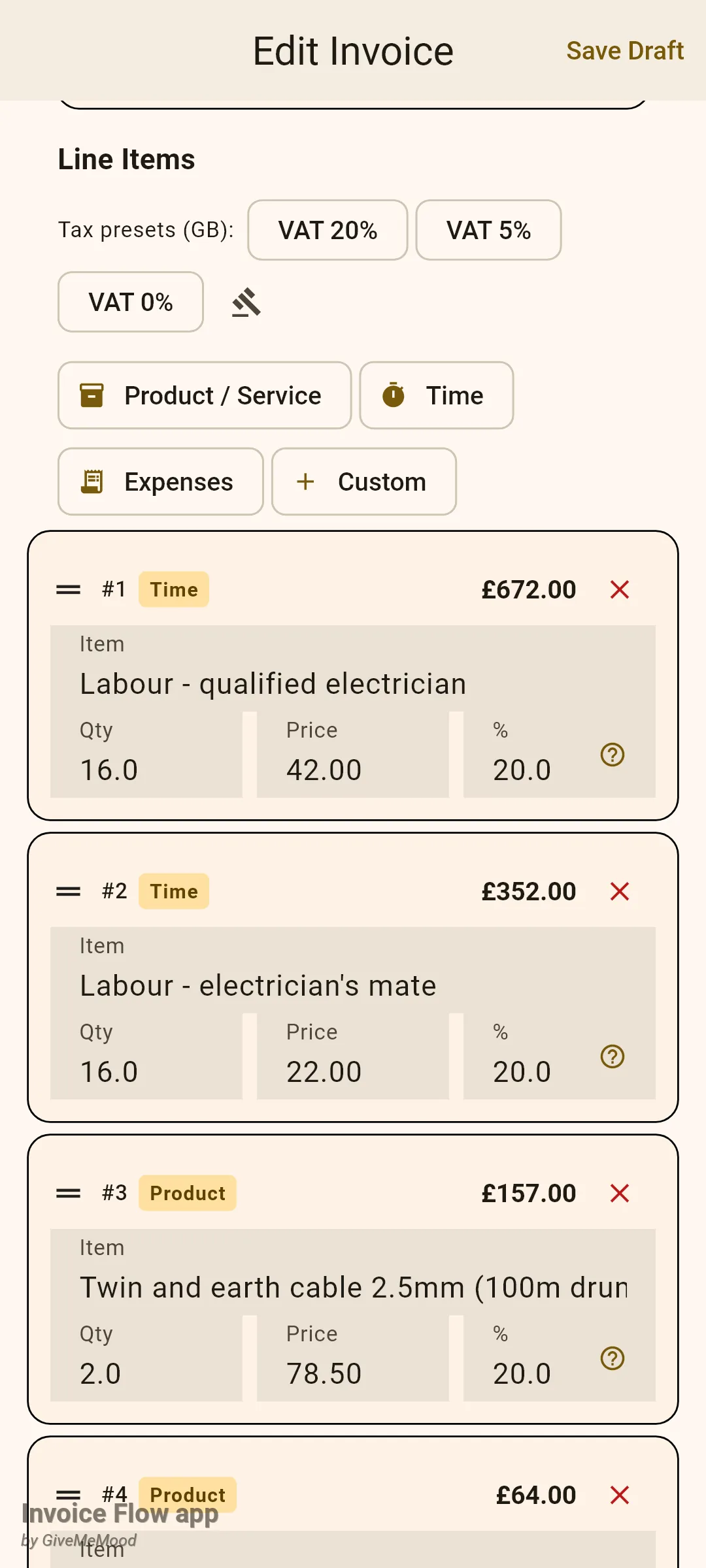 Invoice Flow app Line Items section with Tax presets (GB) chips for VAT 20%, VAT 5% and VAT 0%, the four add chips and line item cards for labour at 16 hours and a cable drum, each with Item, Qty, Price and % fields