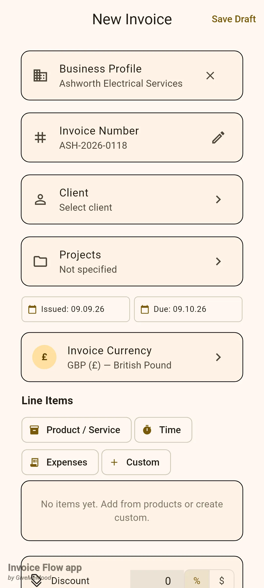 Invoice Flow app New Invoice screen with the Ashworth Electrical Services business profile, invoice number ASH-2026-0118, an empty client selector, issued and due dates, the GBP currency card and an empty Line Items section