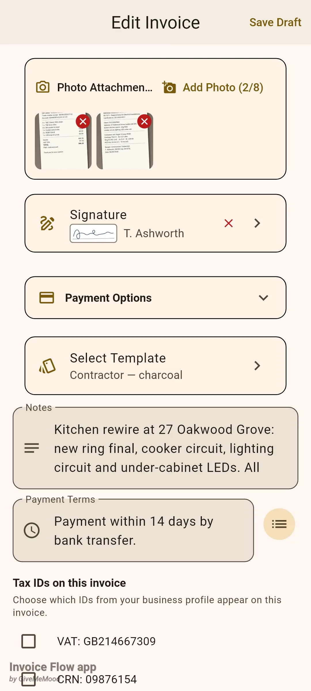 Invoice Flow app invoice editor showing the Photo Attachments card with two receipt thumbnails and Add Photo (2/8), the Signature card with a preview and the name T. Ashworth, the Payment Options and Select Template cards and the Notes and Payment Terms fields