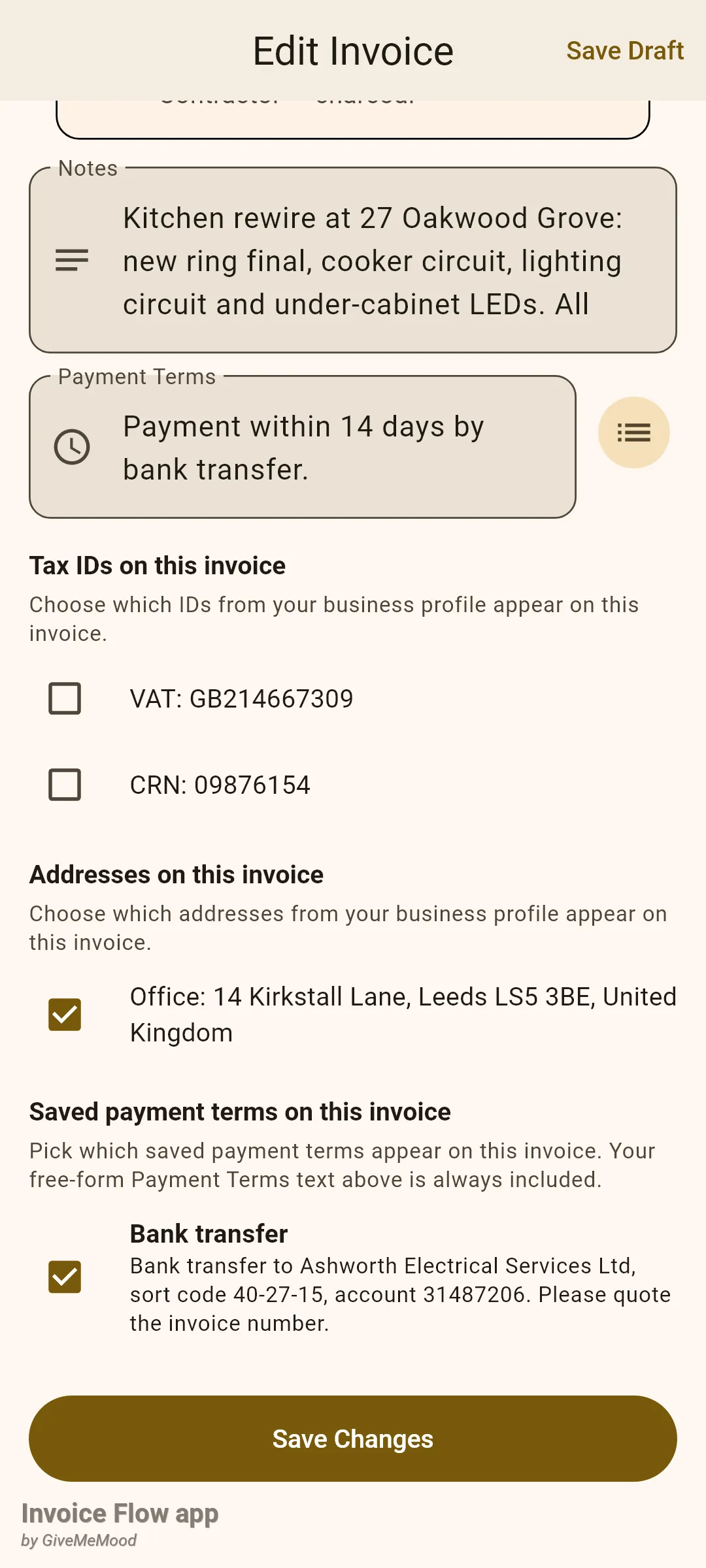 Invoice Flow app bottom of the invoice editor with unchecked VAT and CRN tax ID boxes, a checked Office address, a checked Bank transfer saved payment term and the Save Changes button