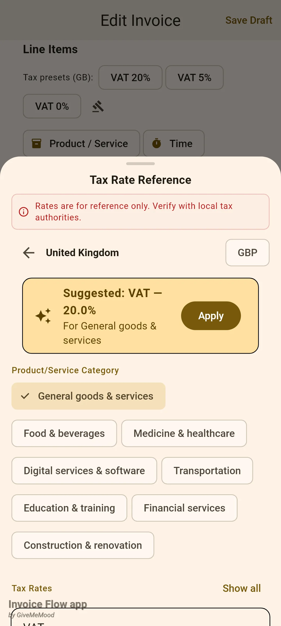 Invoice Flow app Tax Rate Reference bottom sheet showing a reference-only warning, United Kingdom with GBP, a suggested VAT rate of 20.0% with an Apply button and product category chips