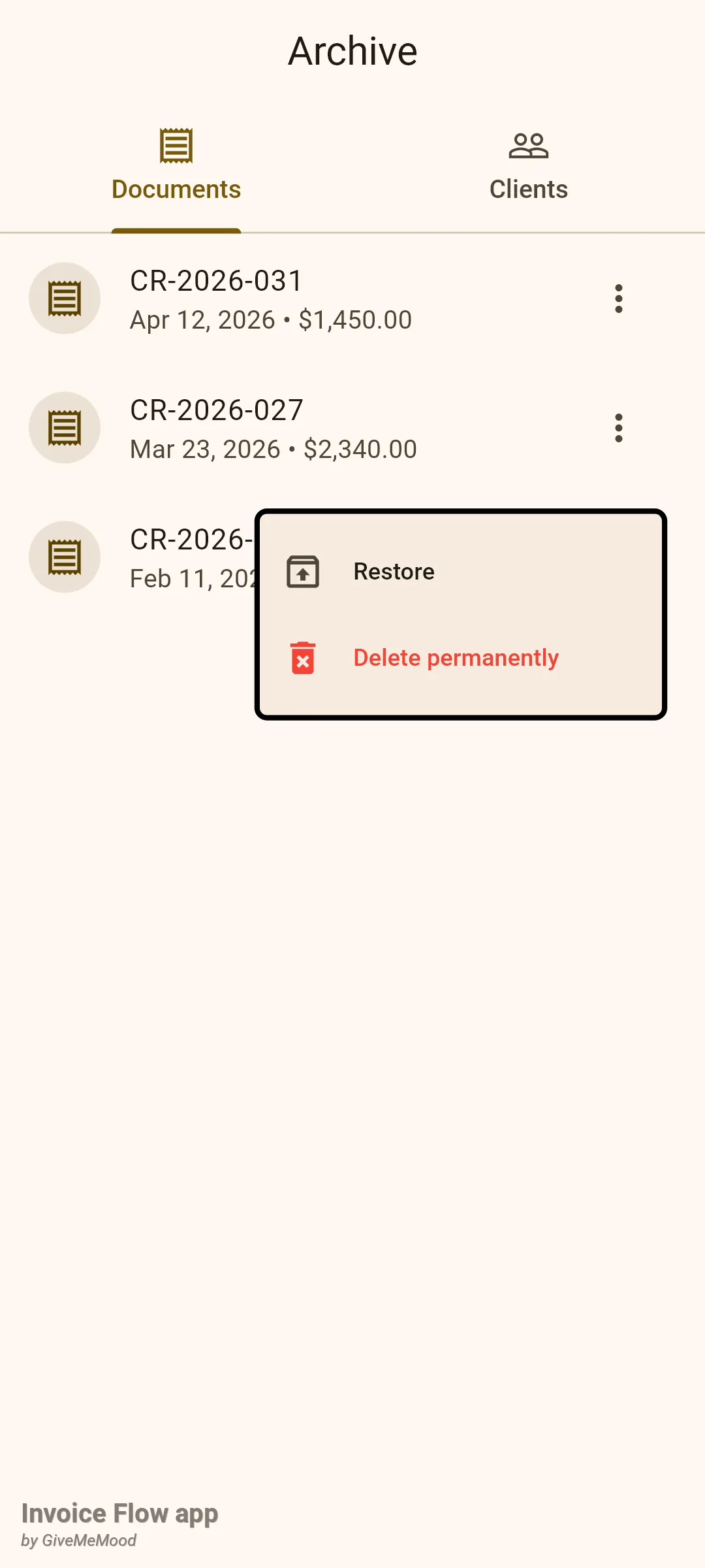 Invoice Flow app Archive screen on the Documents tab listing archived invoices CR-2026-031, CR-2026-027 and CR-2026-019 with the row menu open showing Restore and a red Delete permanently option