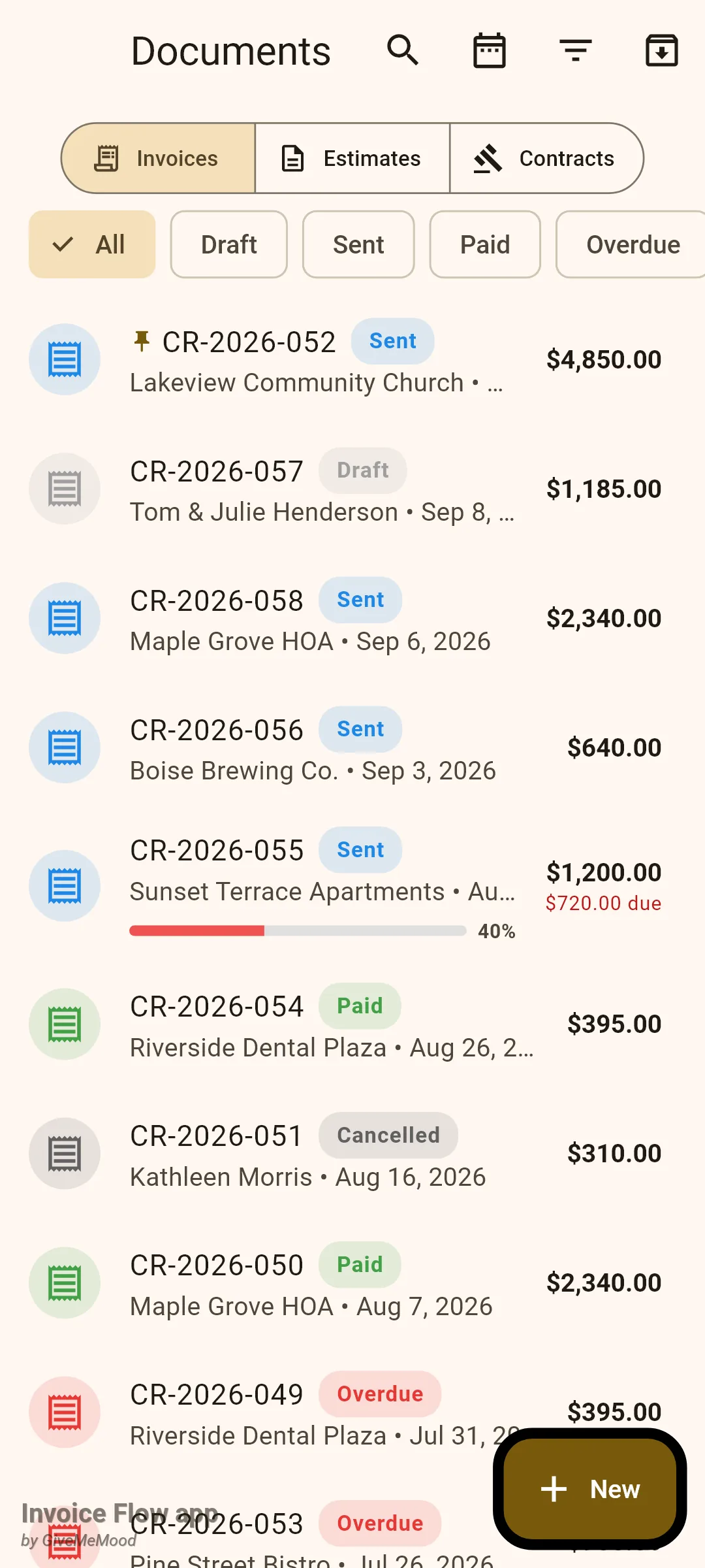Invoice Flow app Documents tab listing Cedar Ridge Landscaping invoices with Sent, Draft, Paid, Cancelled and Overdue badges, a pinned invoice CR-2026-052 at the top and CR-2026-055 showing a 40% progress bar with $720.00 due