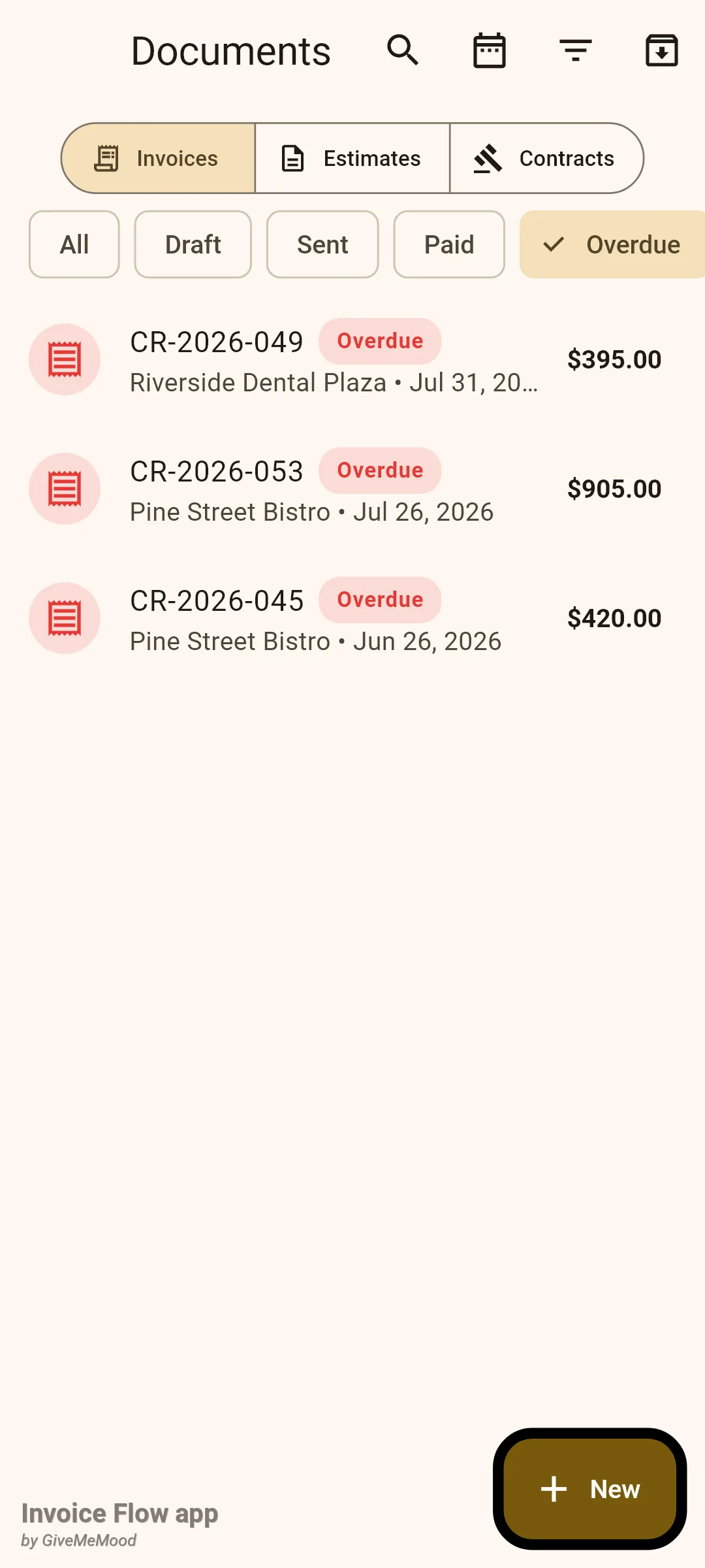 Invoice Flow app Documents tab with the Overdue chip selected showing three red rows: CR-2026-049 Riverside Dental Plaza $395.00, CR-2026-053 Pine Street Bistro $905.00 and CR-2026-045 Pine Street Bistro $420.00