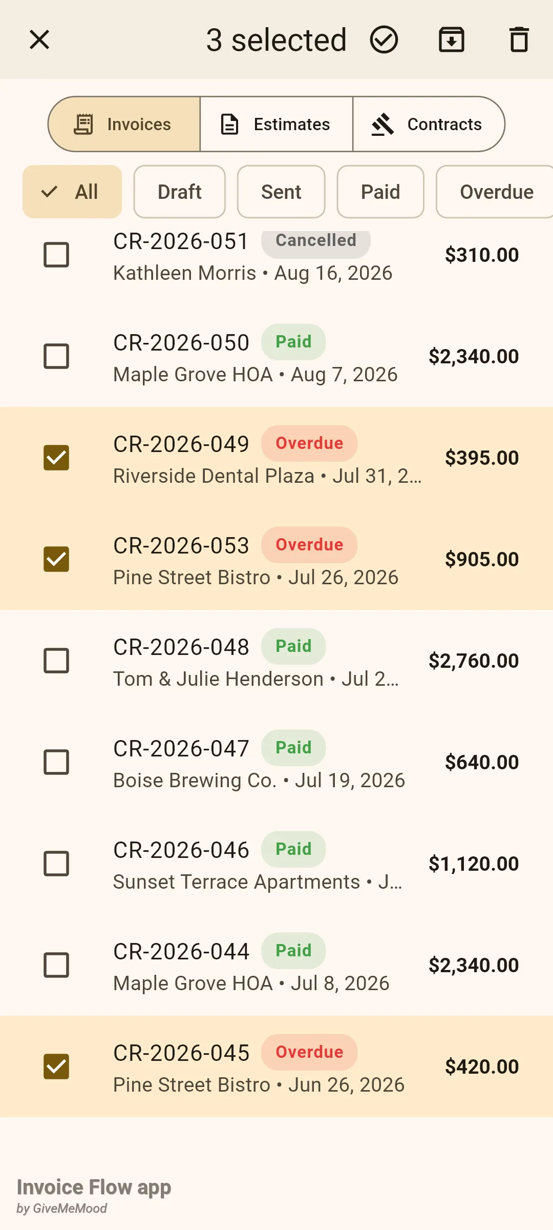 Invoice Flow app Documents list in selection mode: app bar reads 3 selected with tick, archive and bin icons, and the overdue invoices CR-2026-049, CR-2026-053 and CR-2026-045 are checked and highlighted