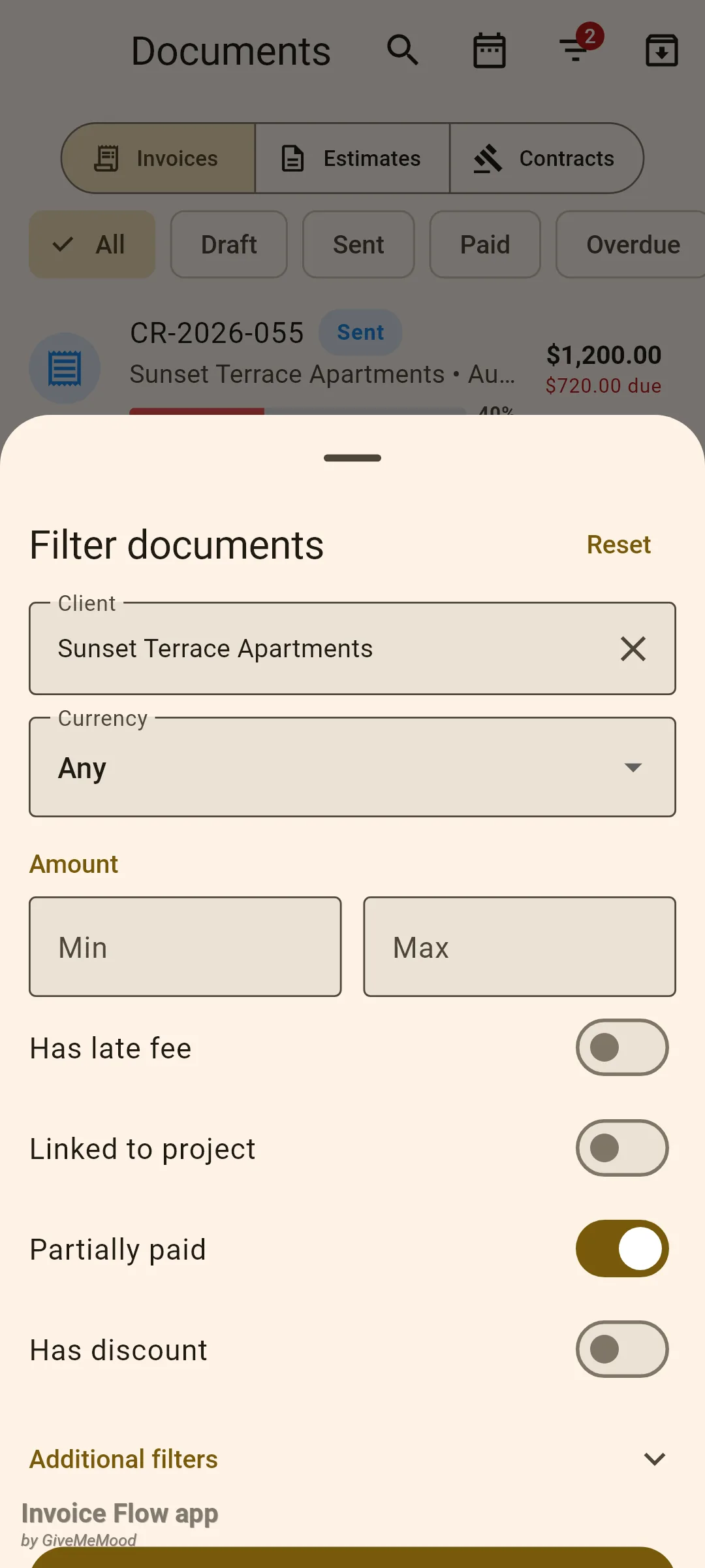 Invoice Flow app Filter documents sheet with Client set to Sunset Terrace Apartments, Currency Any, empty Min and Max amount fields, the Partially paid switch turned on and a red badge with the number 2 on the funnel icon behind the sheet