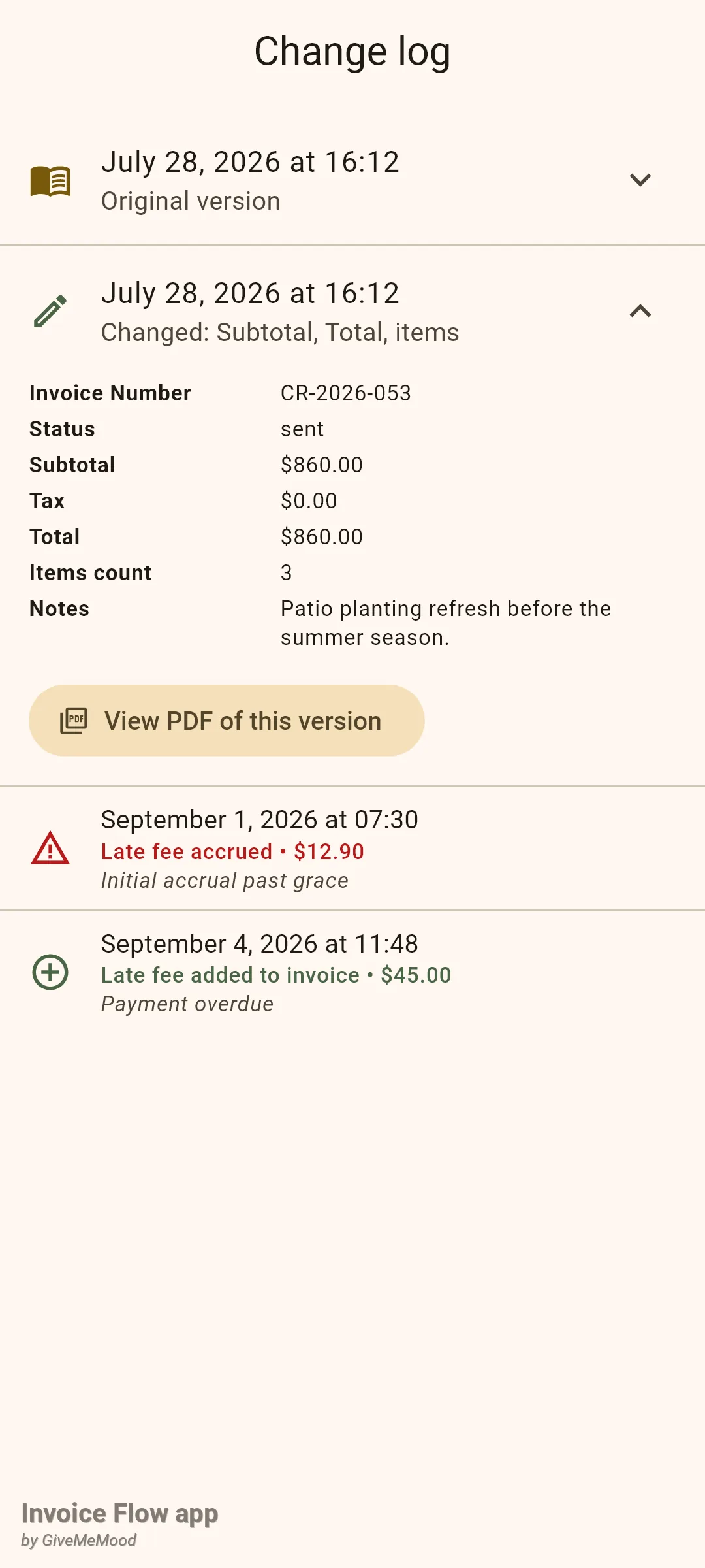 Invoice Flow app Change log for CR-2026-053 showing an Original version entry, an expanded edit entry Changed: Subtotal, Total, items with Invoice Number, Status sent, Subtotal $860.00, Total $860.00, Items count 3 and a View PDF of this version button, then Late fee accrued $12.90 and Late fee added to invoice $45.00