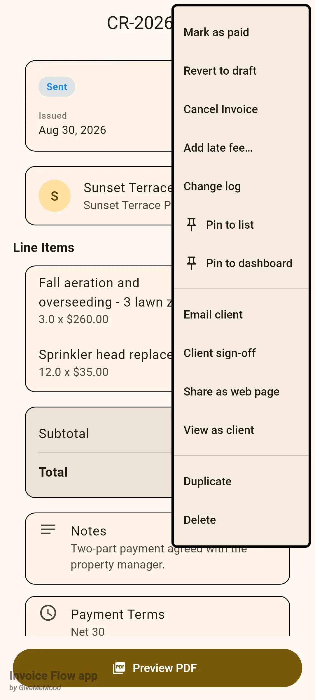Invoice Flow app invoice detail screen for sent invoice CR-2026-055 with the three-dot menu open listing Mark as paid, Revert to draft, Cancel Invoice, Add late fee, Change log, Pin to list, Pin to dashboard, Email client, Client sign-off, Share as web page, View as client, Duplicate and Delete
