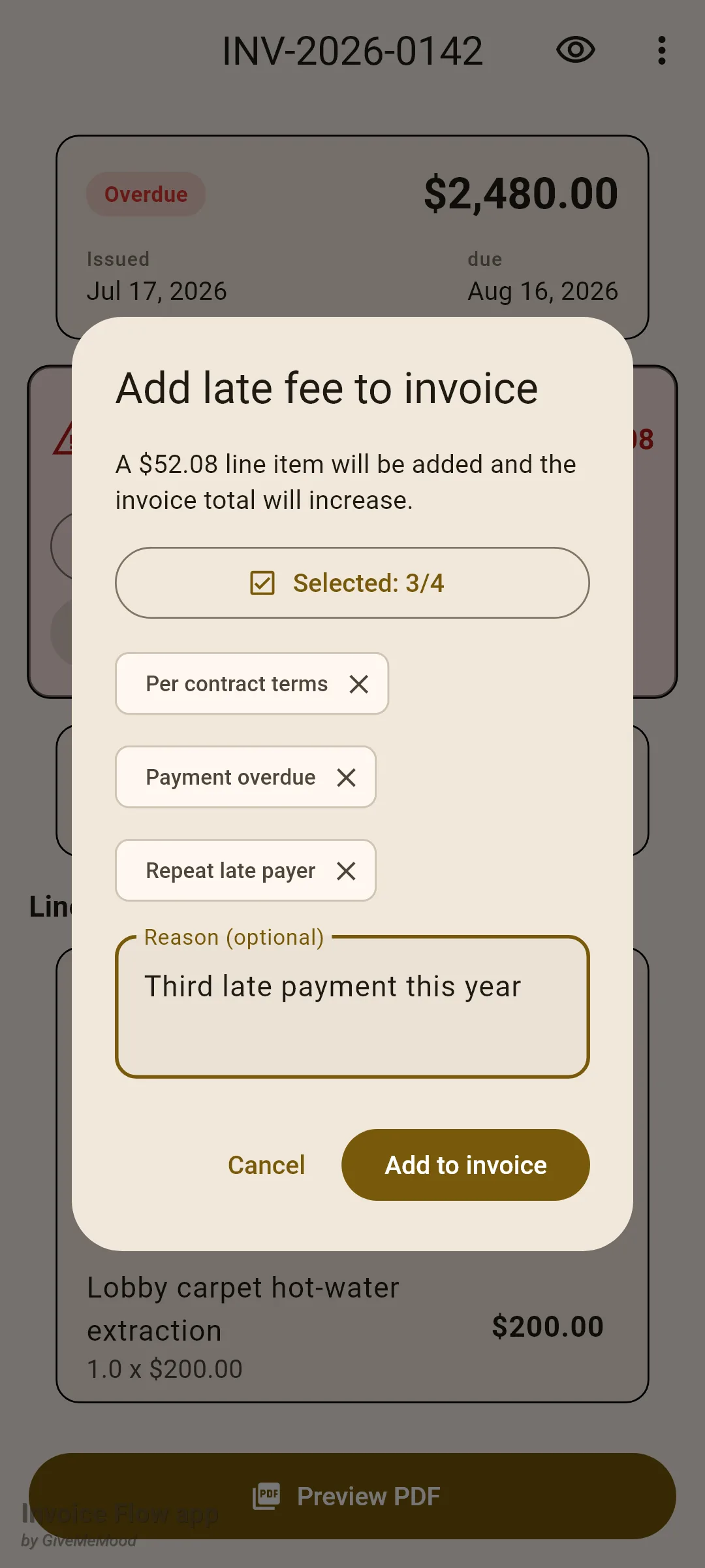 Invoice Flow app Add late fee to invoice dialog stating that a 52.08 dollar line item will be added, with the chips Per contract terms, Payment overdue and Repeat late payer selected and a free-text reason