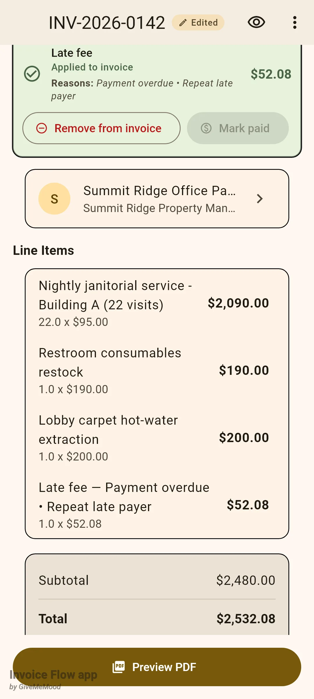Invoice Flow app invoice detail after applying the fee: a green Applied to invoice card, a Late fee line item of 52.08 dollars at the end of the line items and the total raised to 2,532.08