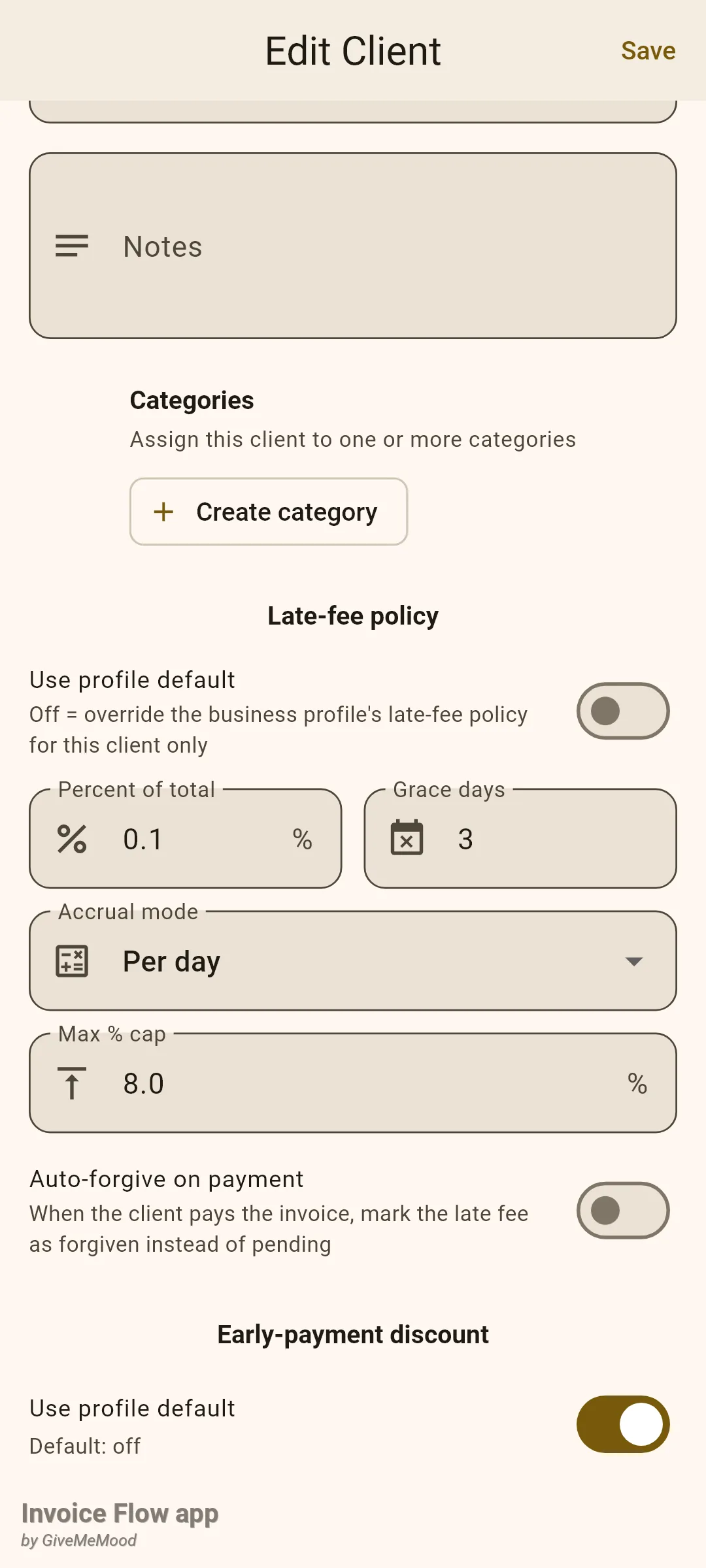 Invoice Flow app client editor for Summit Ridge Office Park with Use profile default switched off, 0.1 percent of total, 3 grace days, Per day accrual mode and an 8 percent cap