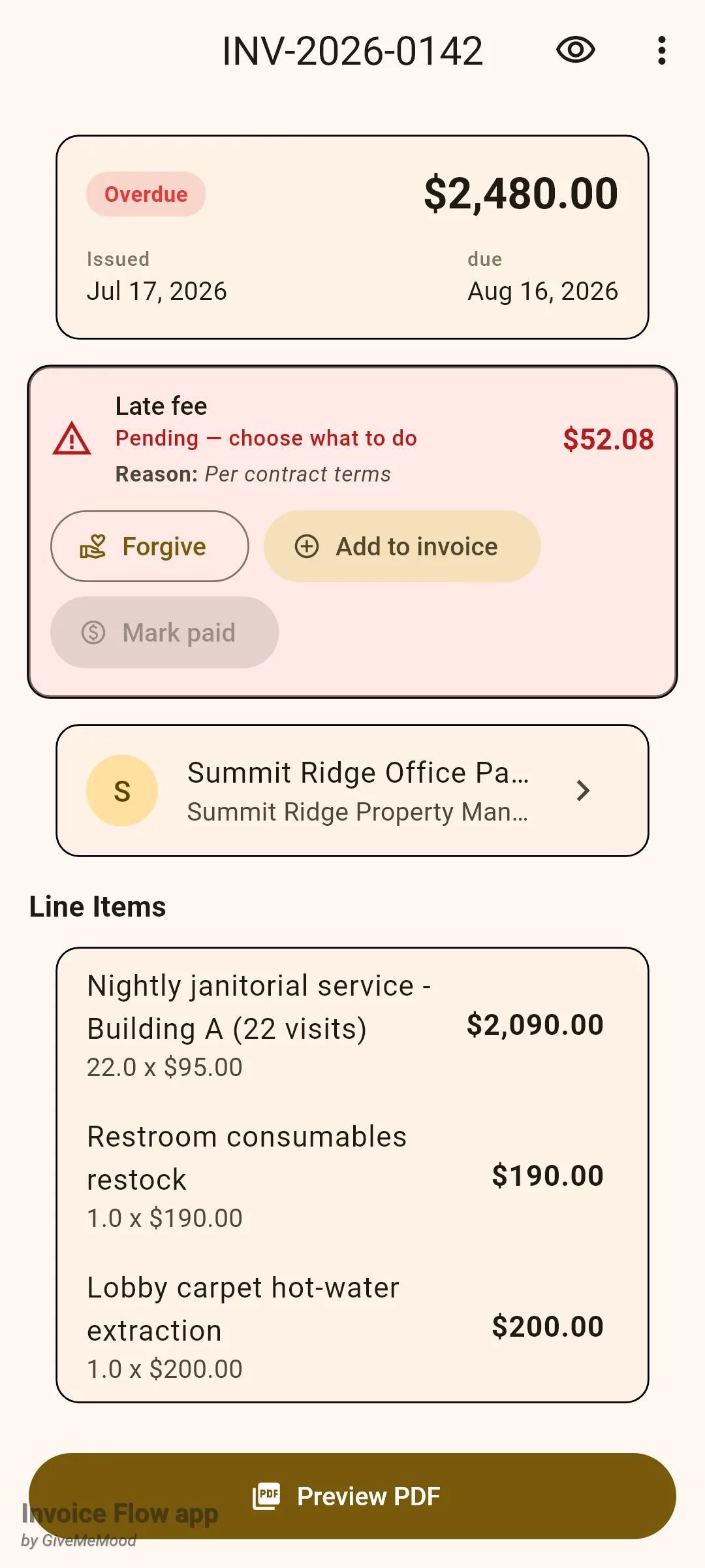 Invoice Flow app invoice detail for overdue invoice INV-2026-0142 showing a red Late fee card with 52.08 dollars pending, a reason line, and Forgive, Add to invoice and Mark paid buttons