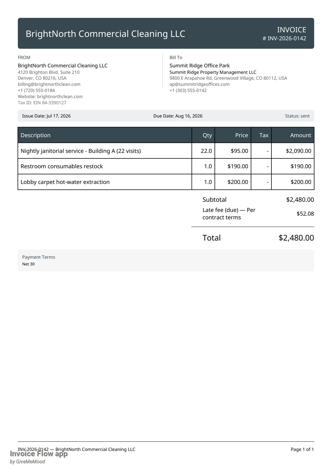 Invoice Flow app generated PDF for INV-2026-0142 with three cleaning line items, a Subtotal of 2,480.00, an informational row Late fee (due) — Per contract terms of 52.08 and an unchanged Total of 2,480.00