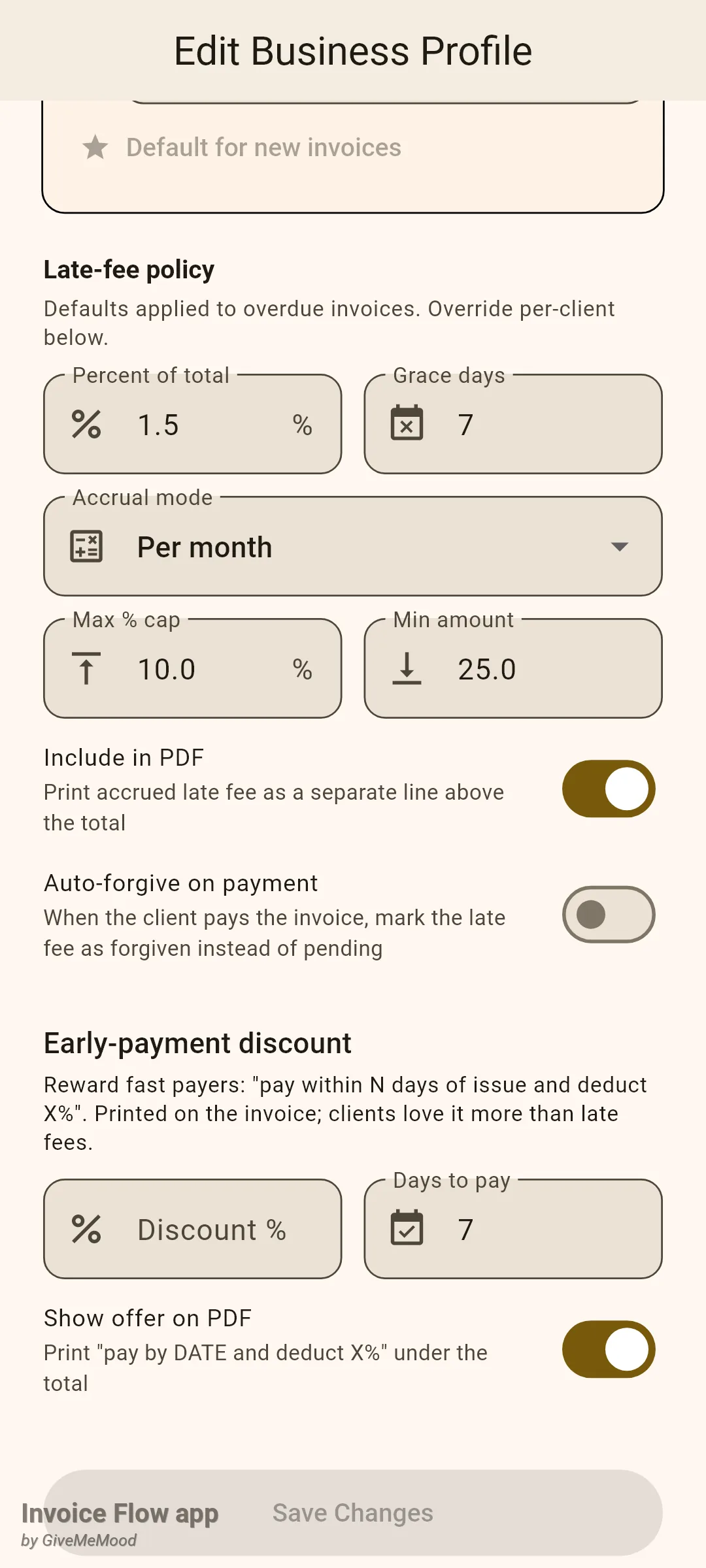 Invoice Flow app business profile editor scrolled to the Late-fee policy section with 1.5 percent, 7 grace days, Per month accrual, a 10 percent cap, a 25 minimum and Include in PDF switched on