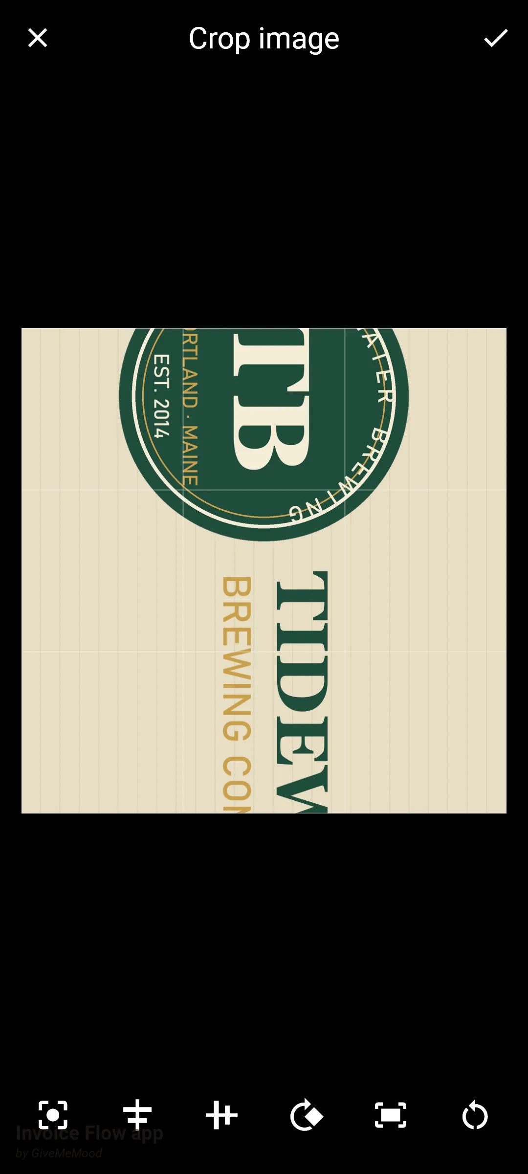 Invoice Flow app Crop image screen with a square 1:1 frame in which the Tidewater Brewing banner has been rotated 90 degrees and zoomed with Auto-fit so the badge fills the top of the frame