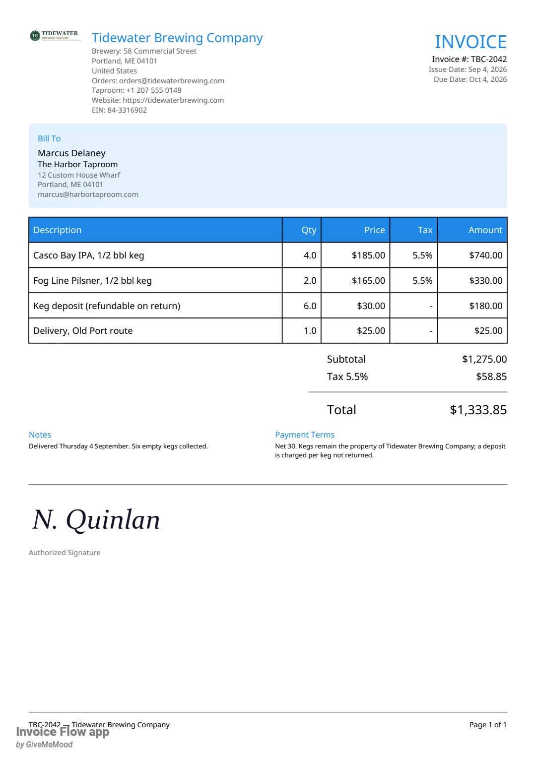 Invoice Flow app invoice PDF TBC-2042 in the built-in Clean template with the wide Tidewater Brewing wordmark printed small in the top-left corner next to the company name and address, a blue Bill To box and a four-line keg table