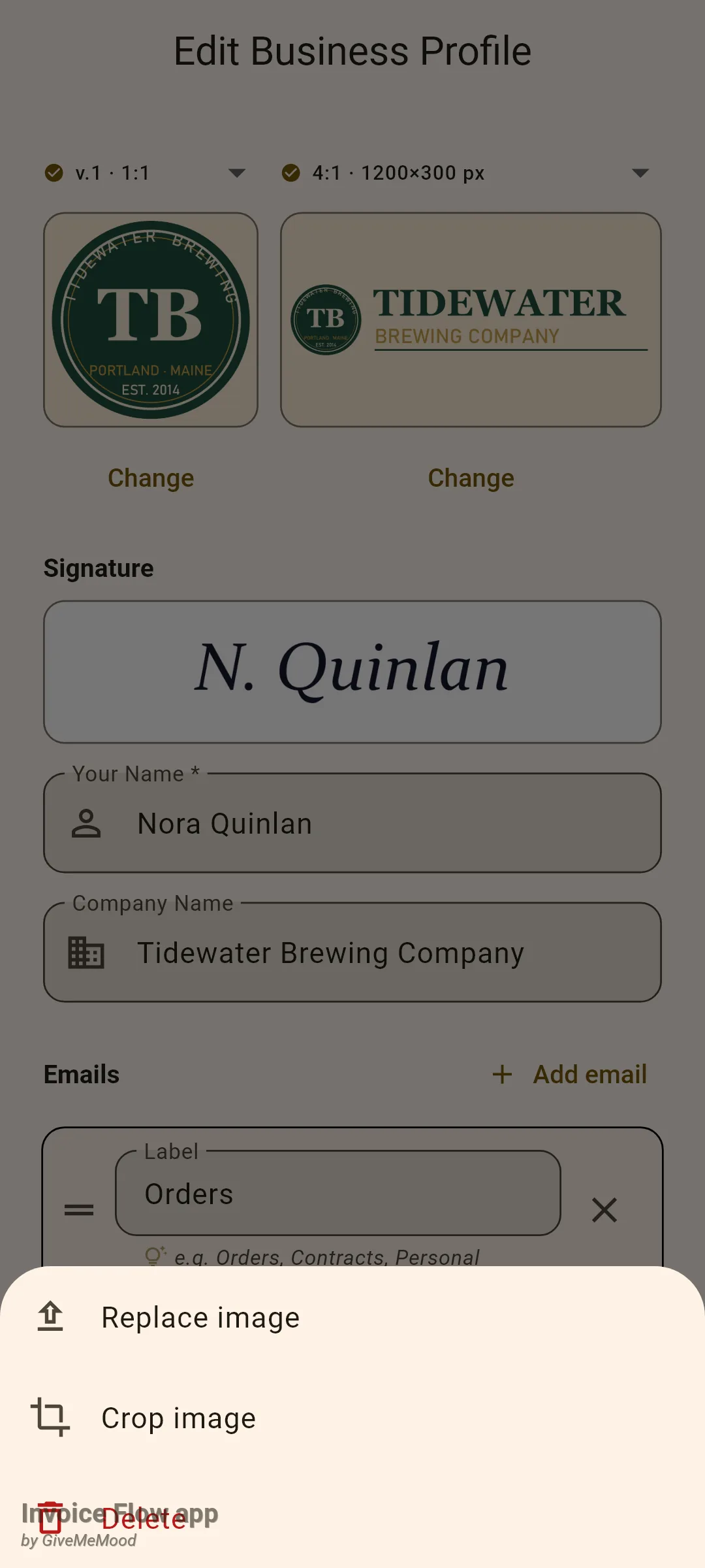 Invoice Flow app profile editor dimmed behind a bottom sheet with three rows: Replace image with an upload icon, Crop image with a crop icon, and Delete in red with a bin icon