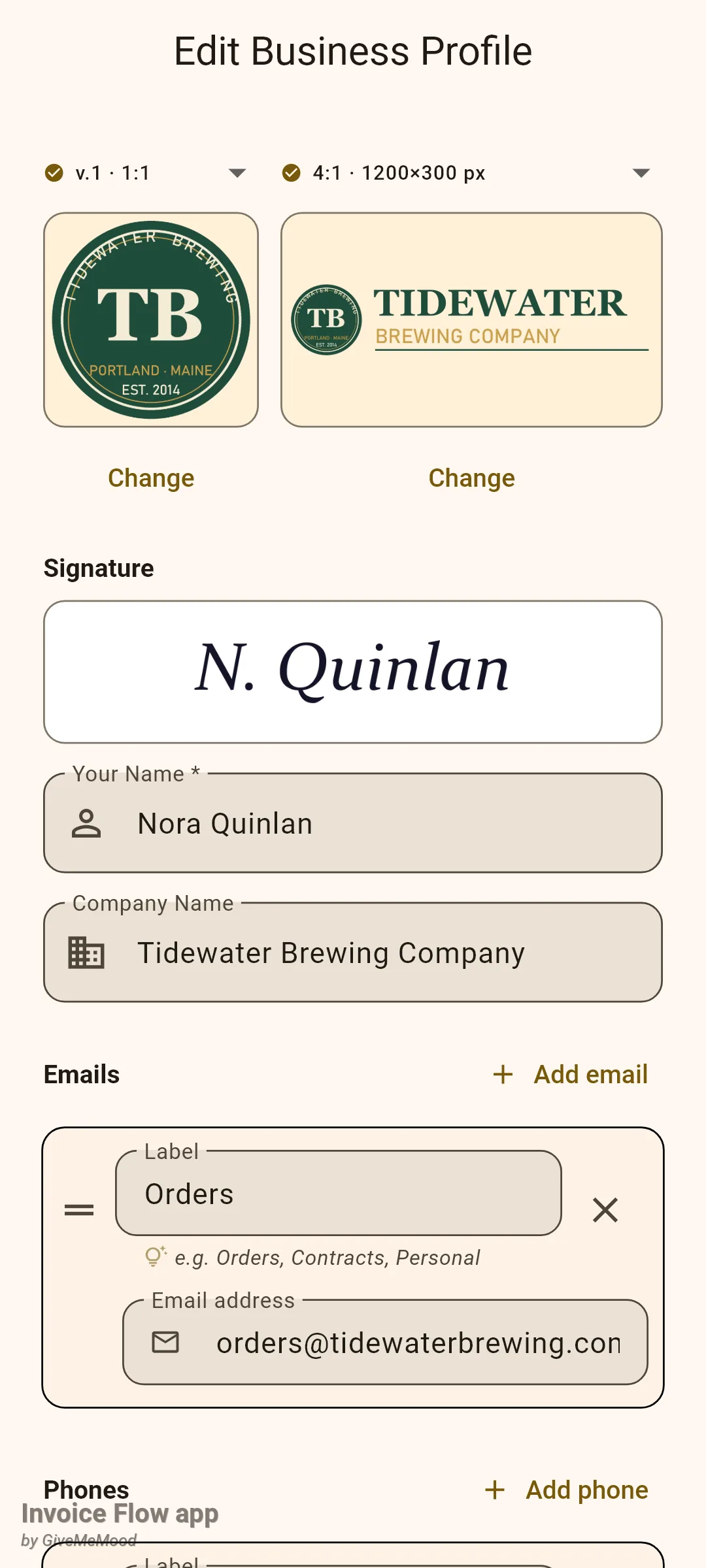 Invoice Flow app Edit Business Profile screen with the square logo slot showing a round green Tidewater Brewing badge and the wide 4:1 slot showing the Tidewater Brewing Company wordmark, both with Change buttons, above the signature and name fields