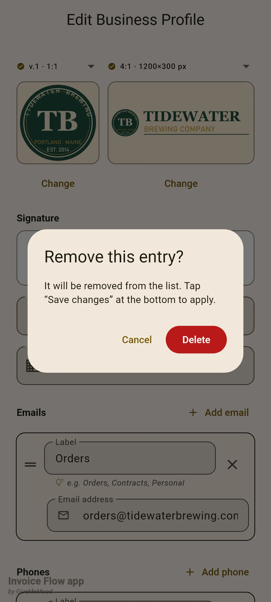 Invoice Flow app alert dialog titled Remove this entry? with the text It will be removed from the list. Tap Save changes at the bottom to apply, and Cancel and Delete buttons