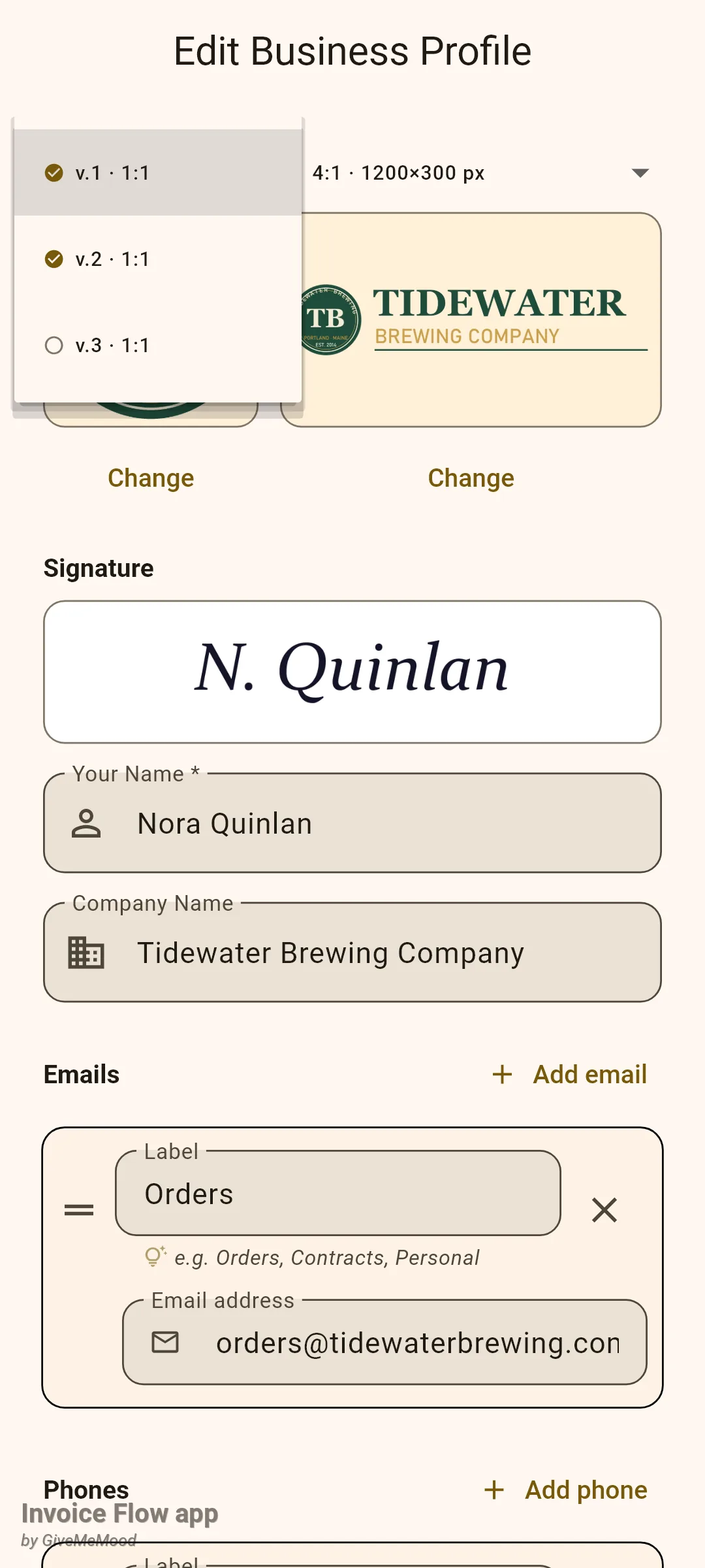 Invoice Flow app profile editor with the square logo dropdown open showing v.1 · 1:1 and v.2 · 1:1 with filled check circles and v.3 · 1:1 with an empty circle