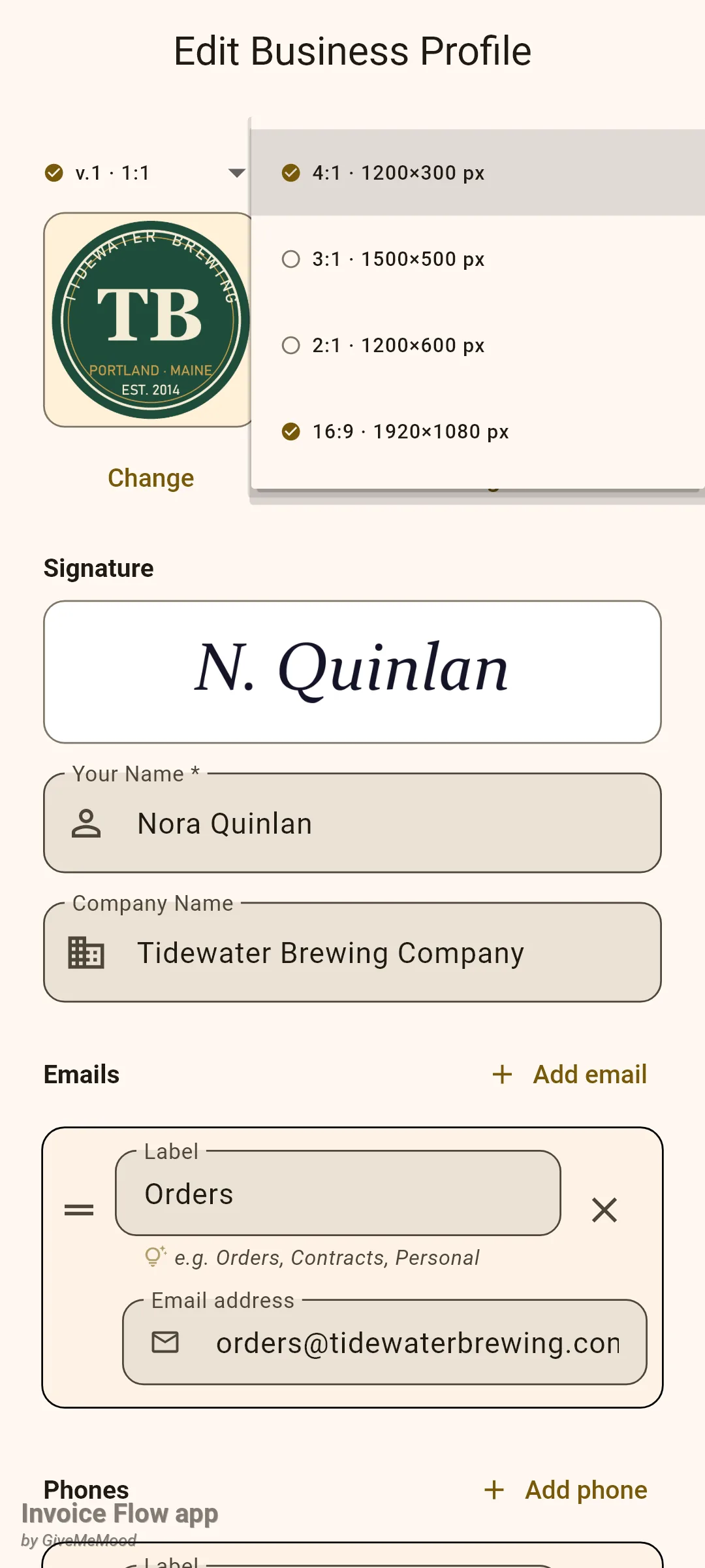 Invoice Flow app profile editor with the wide logo dropdown open listing 4:1 · 1200×300 px and 16:9 · 1920×1080 px with filled check circles and 3:1 · 1500×500 px and 2:1 · 1200×600 px with empty circles