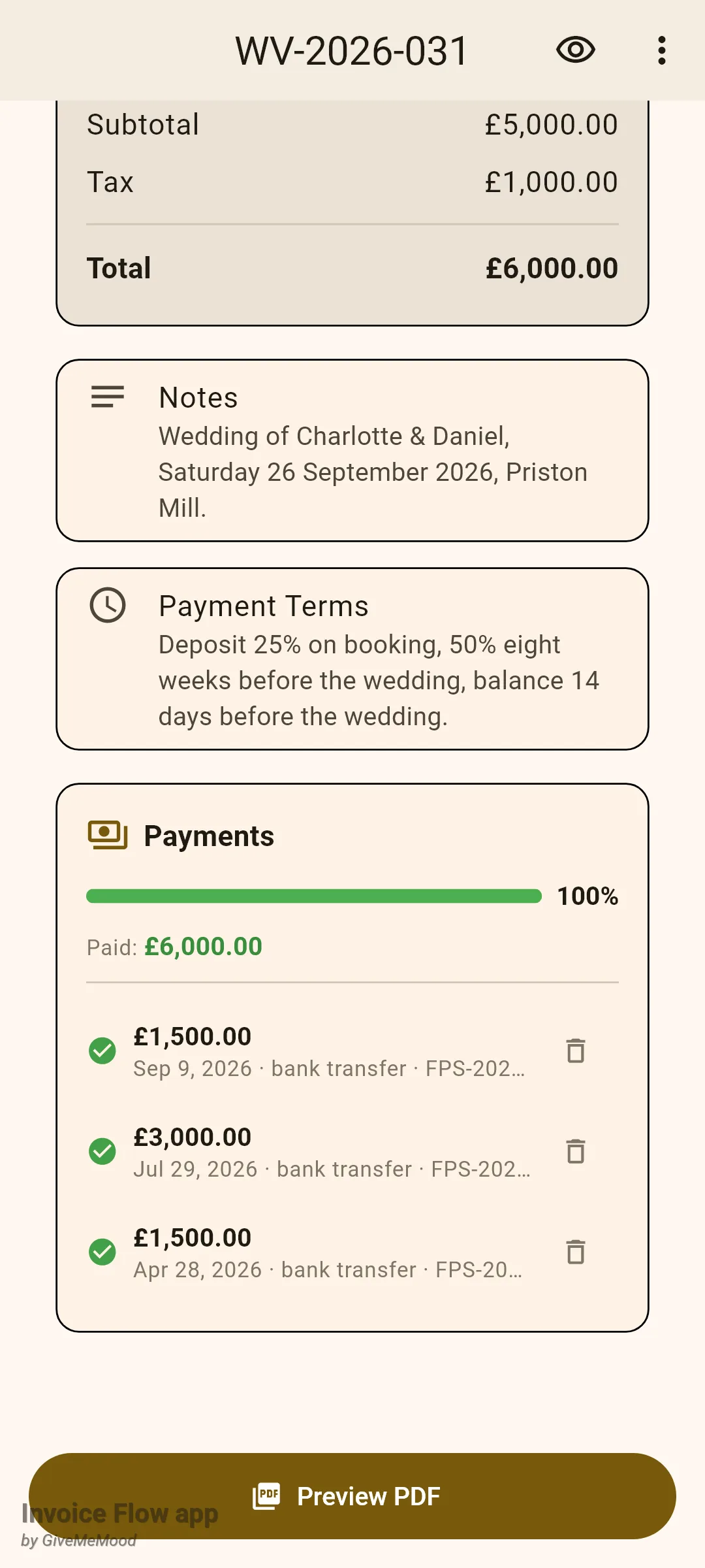 Invoice Flow app Payments card at 100% with a green progress bar, Paid £6,000.00 and three recorded bank transfers of £1,500.00, £3,000.00 and £1,500.00 dated Sep 9, Jul 29 and Apr 28 2026, with no Record button