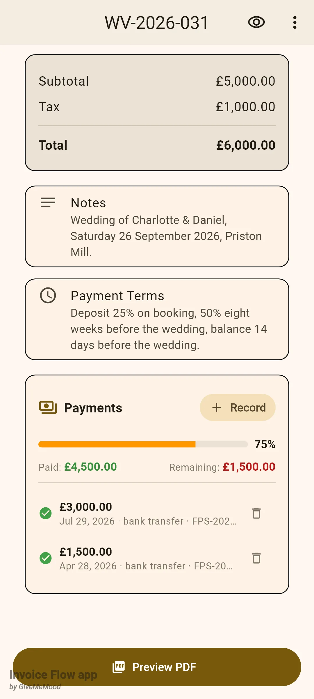 Invoice Flow app invoice detail screen for WV-2026-031 showing the Payments card with a 75% orange progress bar, Paid £4,500.00 in green, Remaining £1,500.00 in red, two recorded bank transfers and a Record button