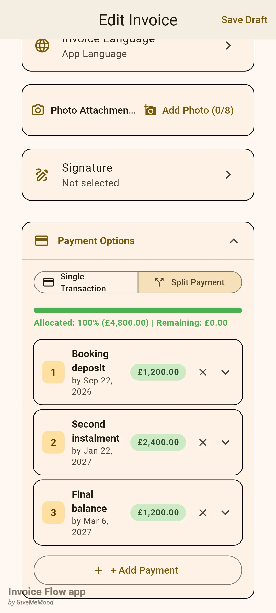 Invoice Flow app invoice editor Payment Options card in Split Payment mode showing a green bar with Allocated: 100% (£4,800.00) | Remaining: £0.00 and three parts: Booking deposit £1,200.00 by Sep 22 2026, Second instalment £2,400.00 by Jan 22 2027, Final balance £1,200.00 by Mar 6 2027