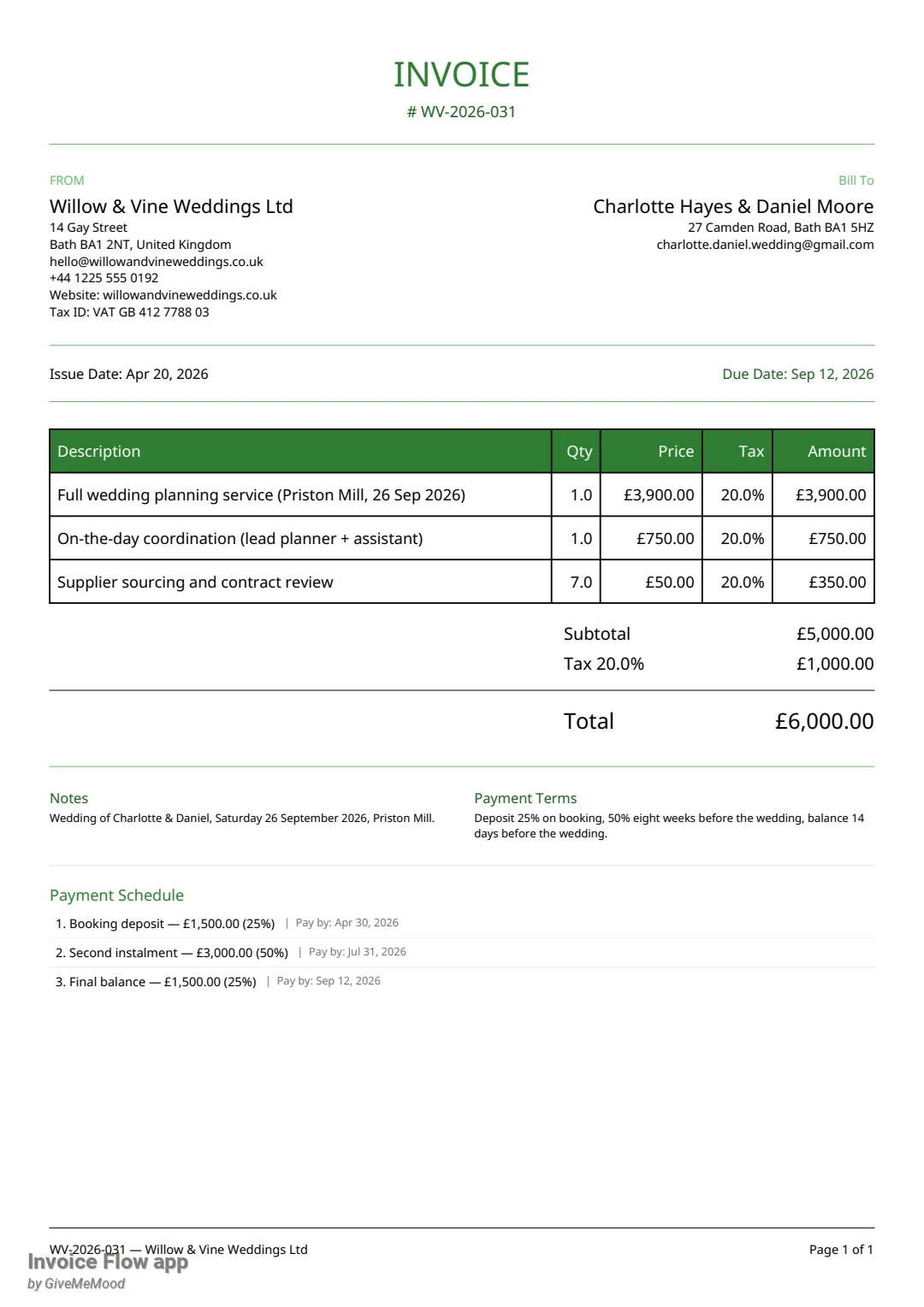 Invoice Flow app PDF invoice WV-2026-031 from Willow & Vine Weddings Ltd to Charlotte Hayes & Daniel Moore, total £6,000.00, with a Payment Schedule section listing 1. Booking deposit £1,500.00 (25%) Pay by Apr 30 2026, 2. Second instalment £3,000.00 (50%) Pay by Jul 31 2026, 3. Final balance £1,500.00 (25%) Pay by Sep 12 2026