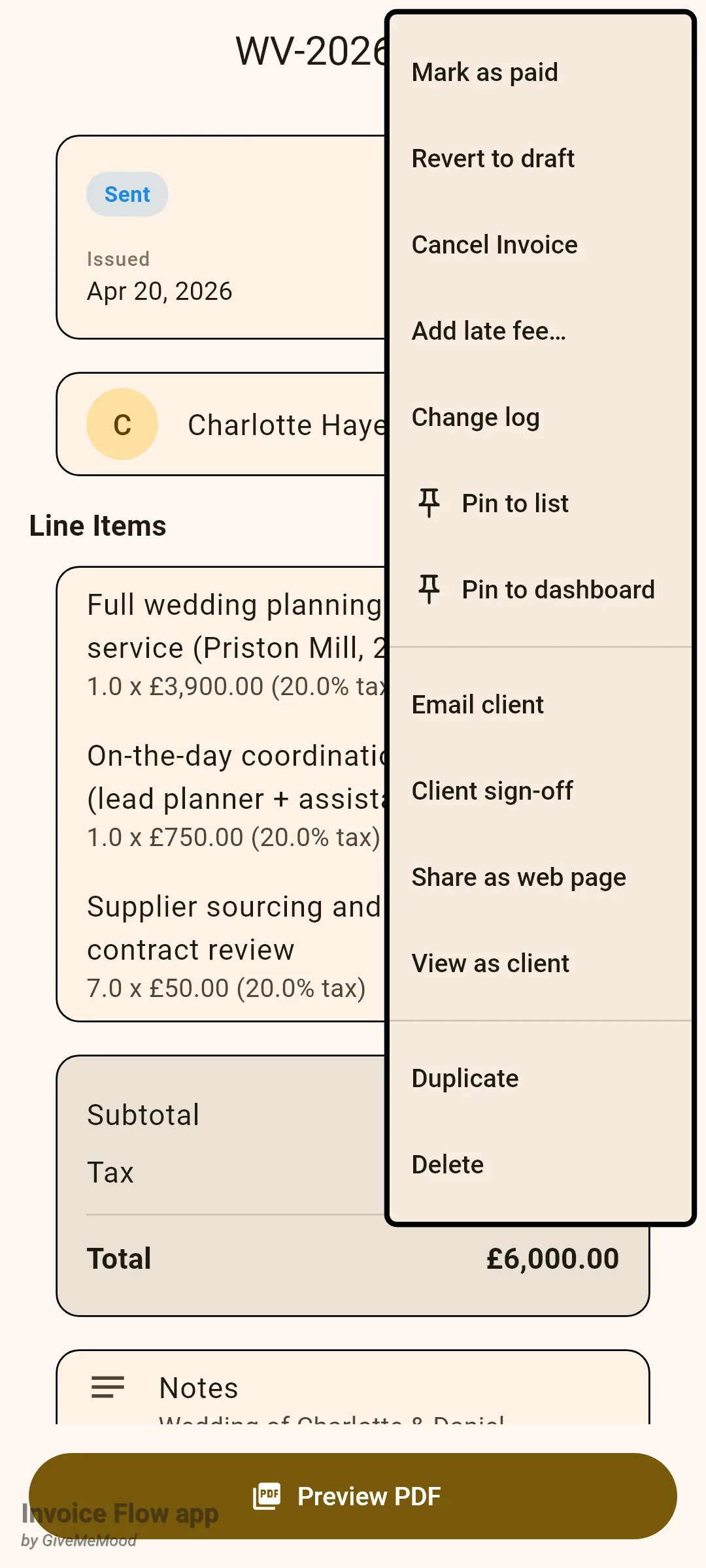 Invoice Flow app invoice detail overflow menu on a Sent invoice listing Mark as paid, Revert to draft, Cancel Invoice, Add late fee, Change log, Pin to list, Pin to dashboard, Email client, Client sign-off, Share as web page, View as client, Duplicate and Delete