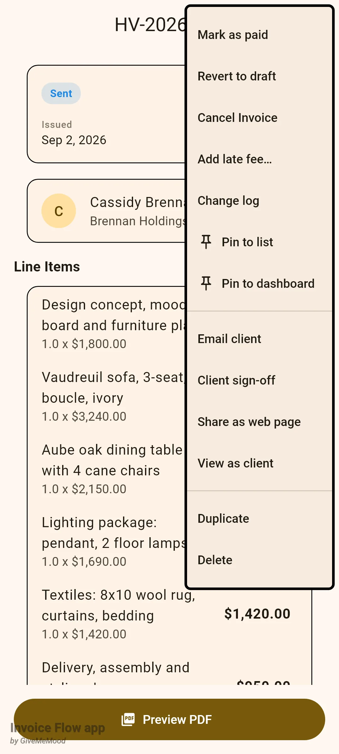 Invoice Flow app invoice detail screen for HV-2026-031 with the overflow menu open, listing Mark as paid, Revert to draft, Cancel Invoice, Add late fee, Change log, Pin to list, Pin to dashboard, Email client, Client sign-off, Share as web page, View as client, Duplicate and Delete, with the Preview PDF button at the bottom