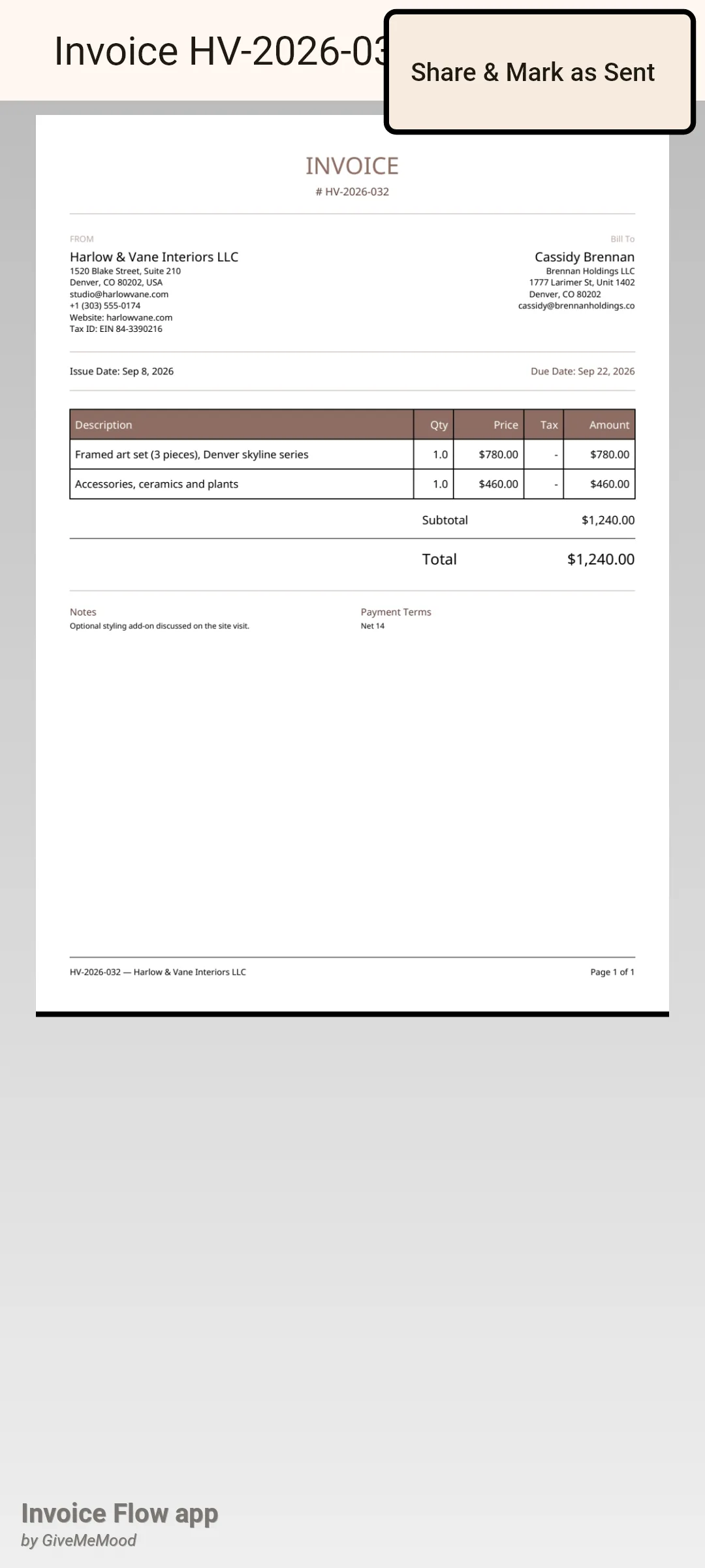 Invoice Flow app Preview PDF screen of draft invoice HV-2026-032 with the overflow menu open showing the single entry Share & Mark as Sent above the rendered page with two line items totalling 1,240.00 dollars