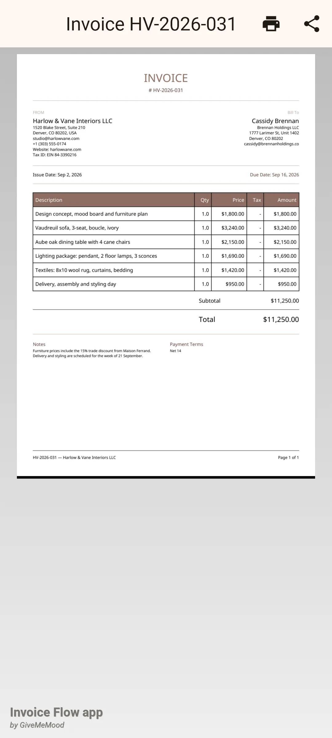 Invoice Flow app Preview PDF screen titled Invoice HV-2026-031 with print and share icons, showing the rendered Elegant-template page with the Harlow & Vane Interiors sender block, Cassidy Brennan as Bill To, six line items and a total of 11,250.00 dollars