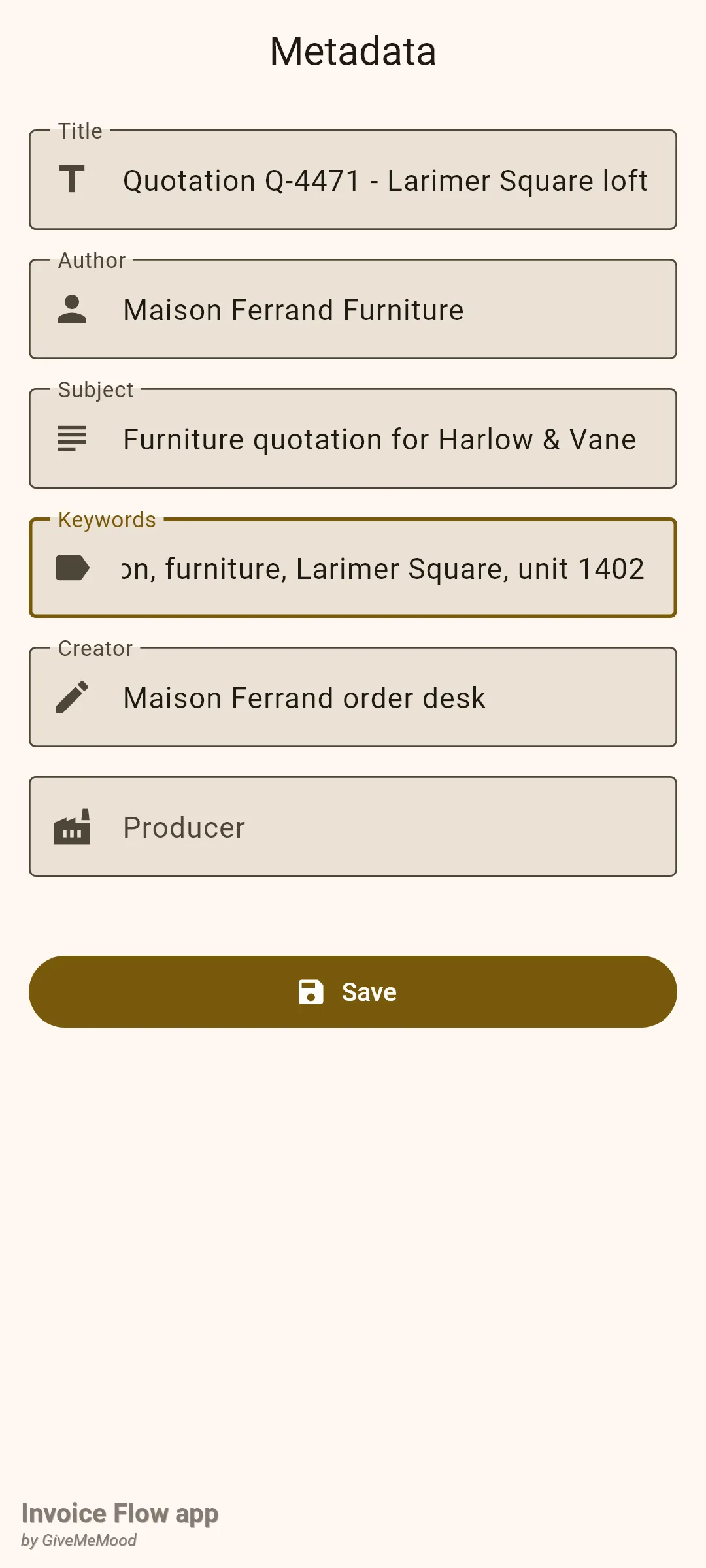 Invoice Flow app Metadata screen for the Maison Ferrand quotation with Title Quotation Q-4471 - Larimer Square loft, Author Maison Ferrand Furniture, Subject Furniture quotation for Harlow & Vane, Keywords ending in Larimer Square, unit 1402, Creator Maison Ferrand order desk, an empty Producer field and a Save button
