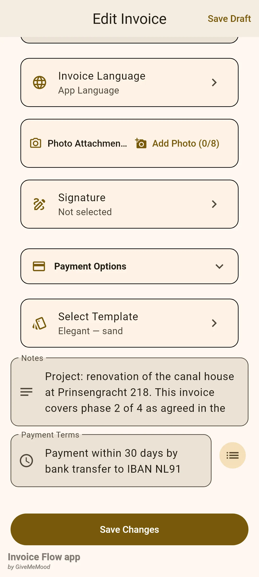 Invoice Flow app invoice editor scrolled to the Invoice Language card showing App Language and the Select Template card showing Elegant — sand, above the Notes and Payment Terms fields