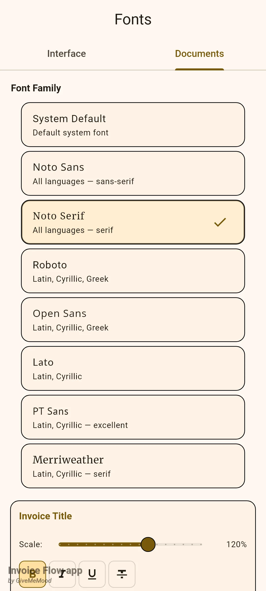 Invoice Flow app Fonts screen on the Documents tab listing System Default, Noto Sans, Noto Serif (selected with a check), Roboto, Open Sans, Lato, PT Sans and Merriweather, each drawn in its own typeface, with the Invoice Title card starting below at 120% scale