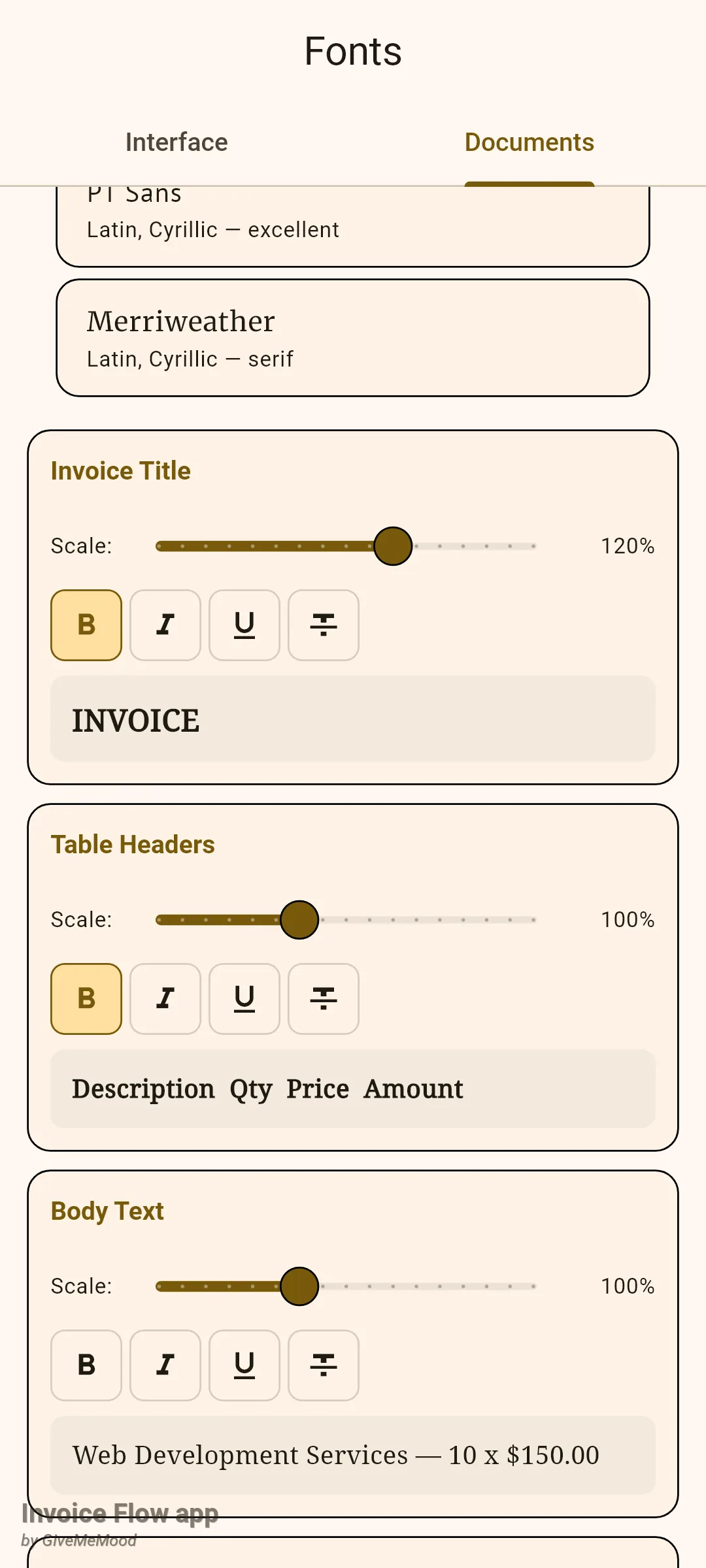 Invoice Flow app Fonts screen Documents tab scrolled to the Invoice Title card at 120% with B active and a serif INVOICE preview, the Table Headers card at 100% bold and the Body Text card at 100% with a serif sample line