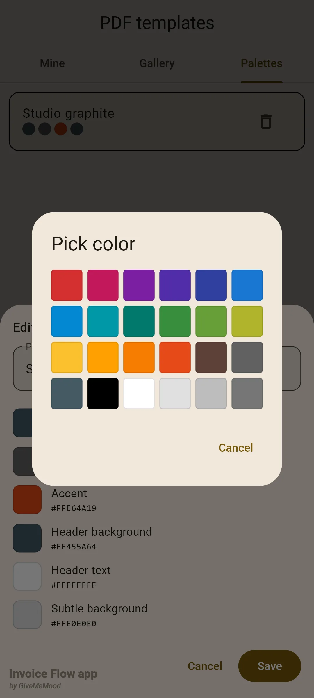 Invoice Flow app Pick color dialog showing a six-by-four grid of twenty-four colour swatches from red and pink through blues and greens to browns, greys, black and white, with a Cancel button