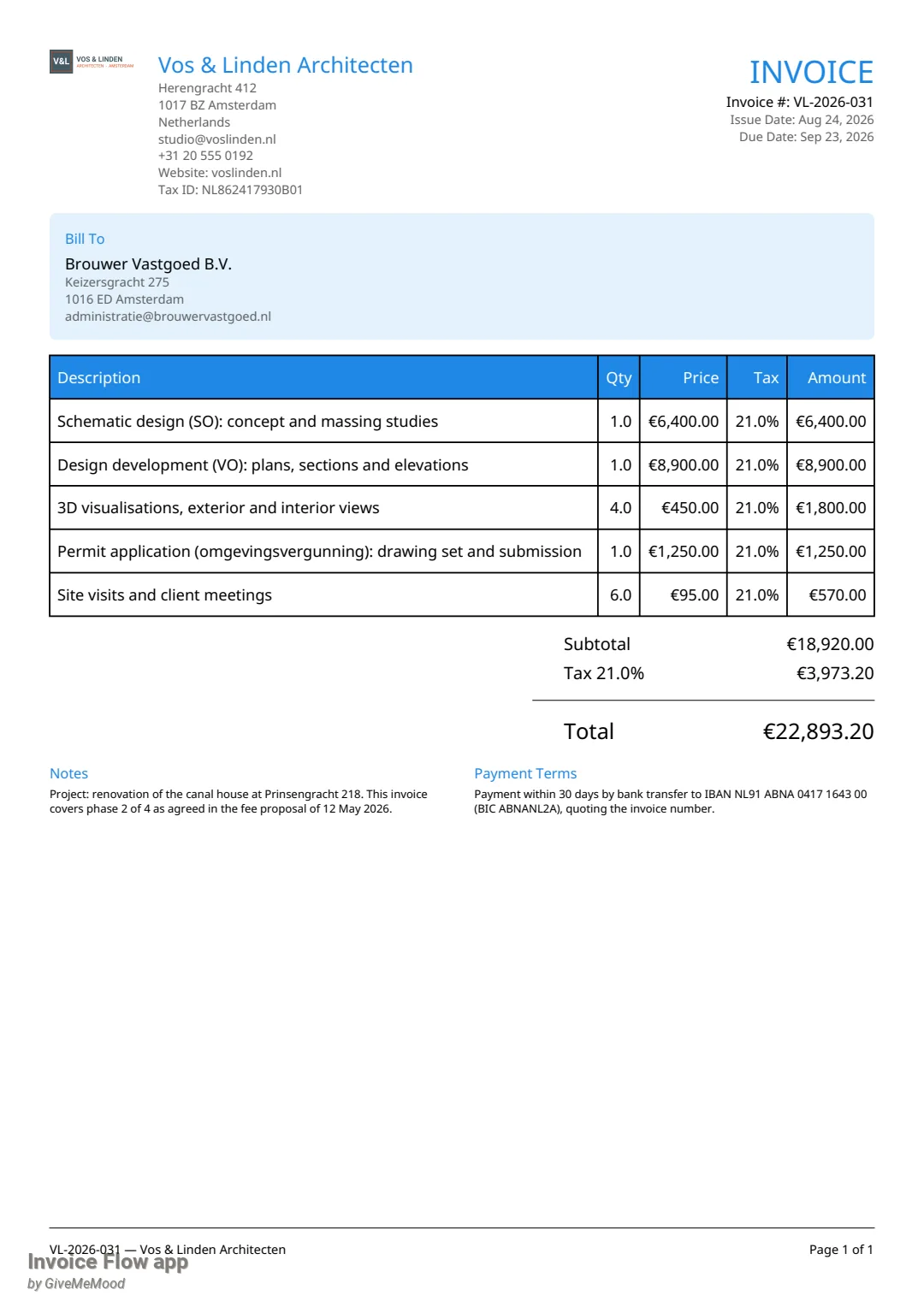 Invoice Flow app PDF of invoice VL-2026-031 in the Clean design with the Ocean palette: logo and company block on the left, a large blue INVOICE title on the right, a light-blue Bill To box and a blue table header