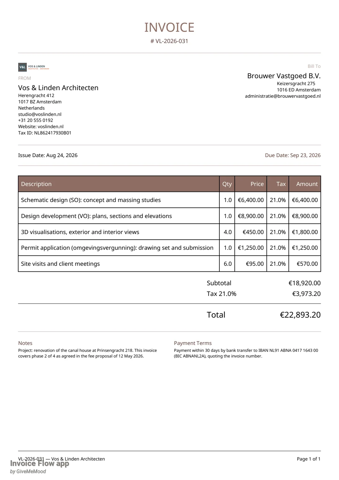 Invoice Flow app PDF of the same invoice in the Elegant design with the Sand palette: centred brown INVOICE title with the number beneath, thin grey rules, sender on the left and client on the right, and a brown table header