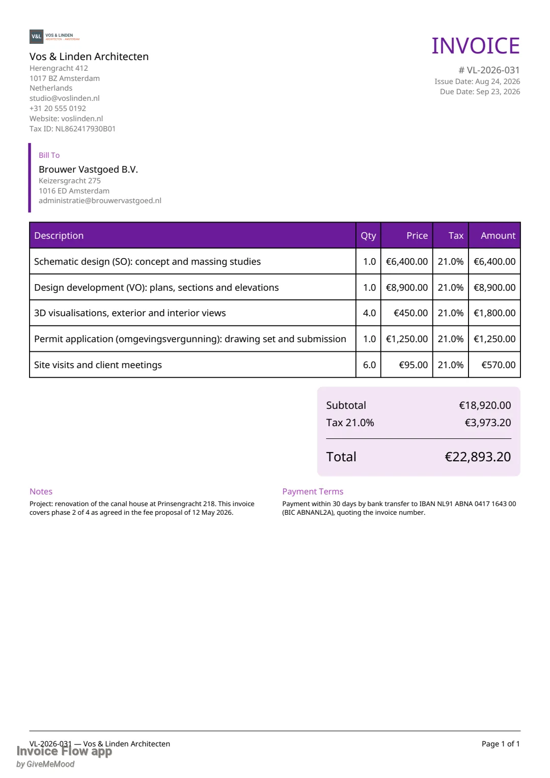Invoice Flow app PDF of the same invoice in the Modern design with the Plum palette: large purple INVOICE title on the right, a purple bar beside the Bill To block and a pale purple rounded box around the totals