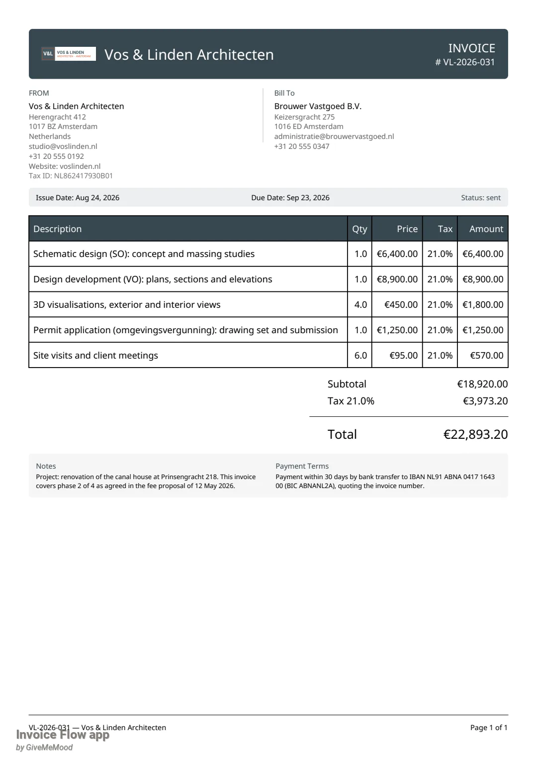 Invoice Flow app PDF of the same invoice in the Professional design with the Charcoal palette: full-width dark header bar with the logo and company name, FROM and Bill To columns side by side, and a grey strip with issue date, due date and status