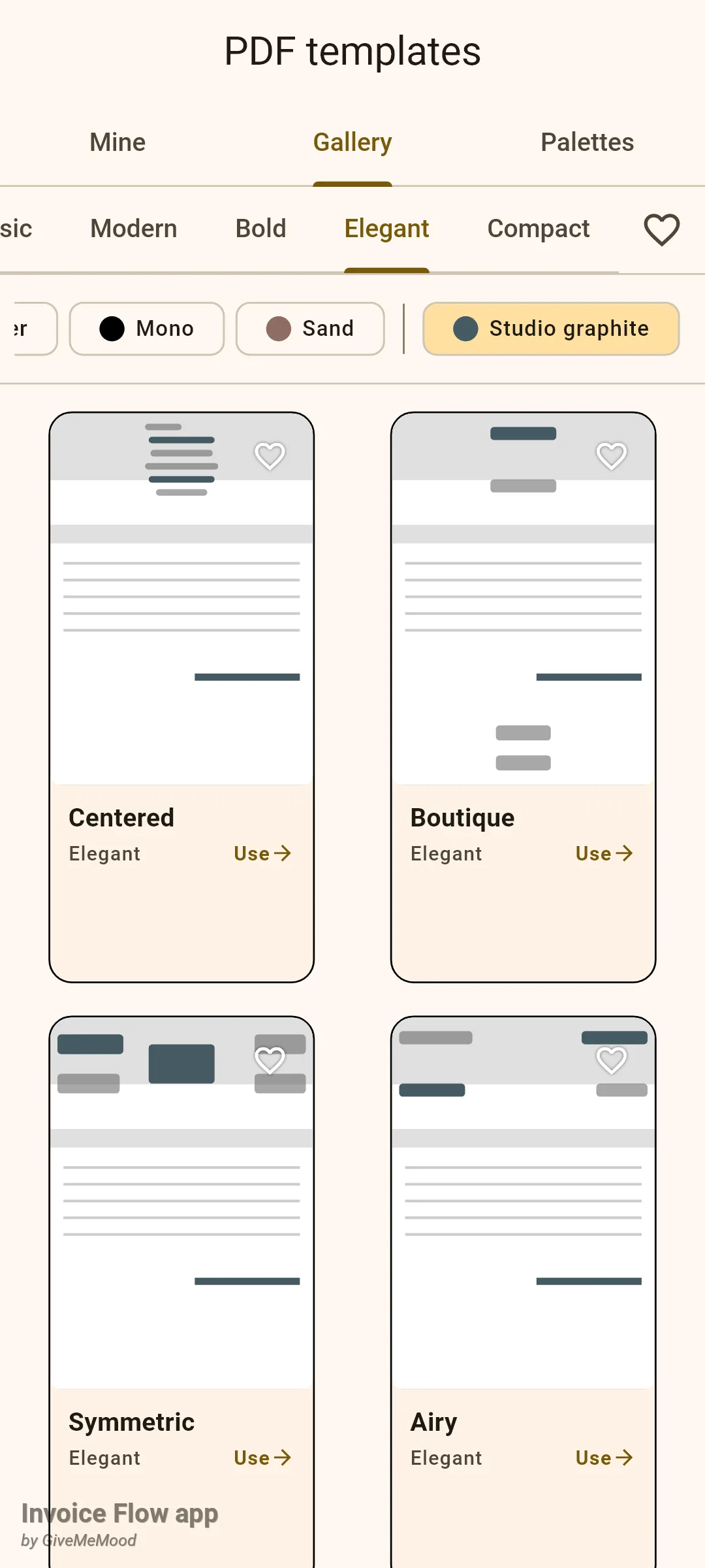 Invoice Flow app PDF templates screen on the Gallery tab with the Elegant category selected; the palette strip shows Mono, Sand, a divider and the custom Studio graphite chip highlighted, and four thumbnails named Centered, Boutique, Symmetric and Airy are drawn in blue-grey