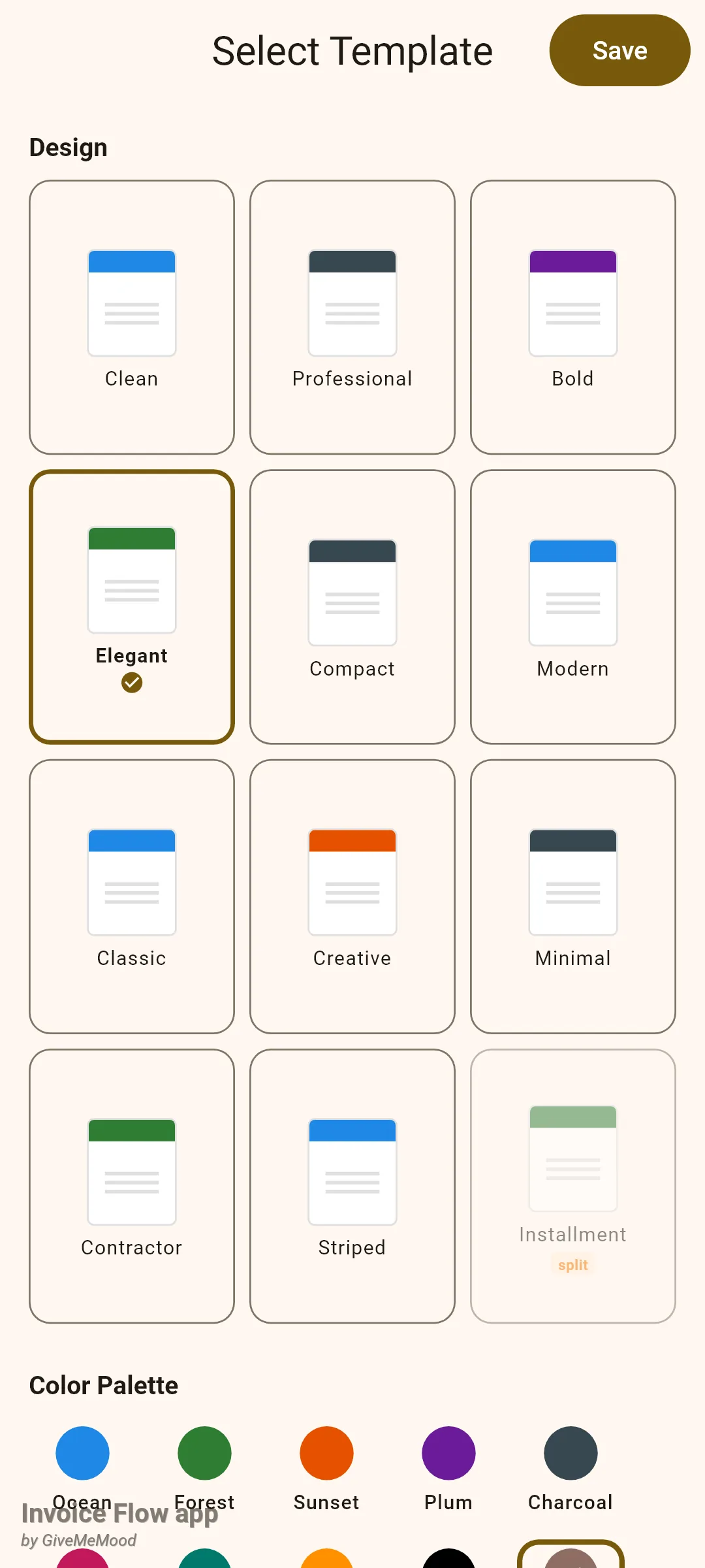 Invoice Flow app Select Template screen with a three-column Design grid of twelve cards named Clean, Professional, Bold, Elegant, Compact, Modern, Classic, Creative, Minimal, Contractor, Striped and Installment; Elegant is selected and Installment is dimmed with a small split badge