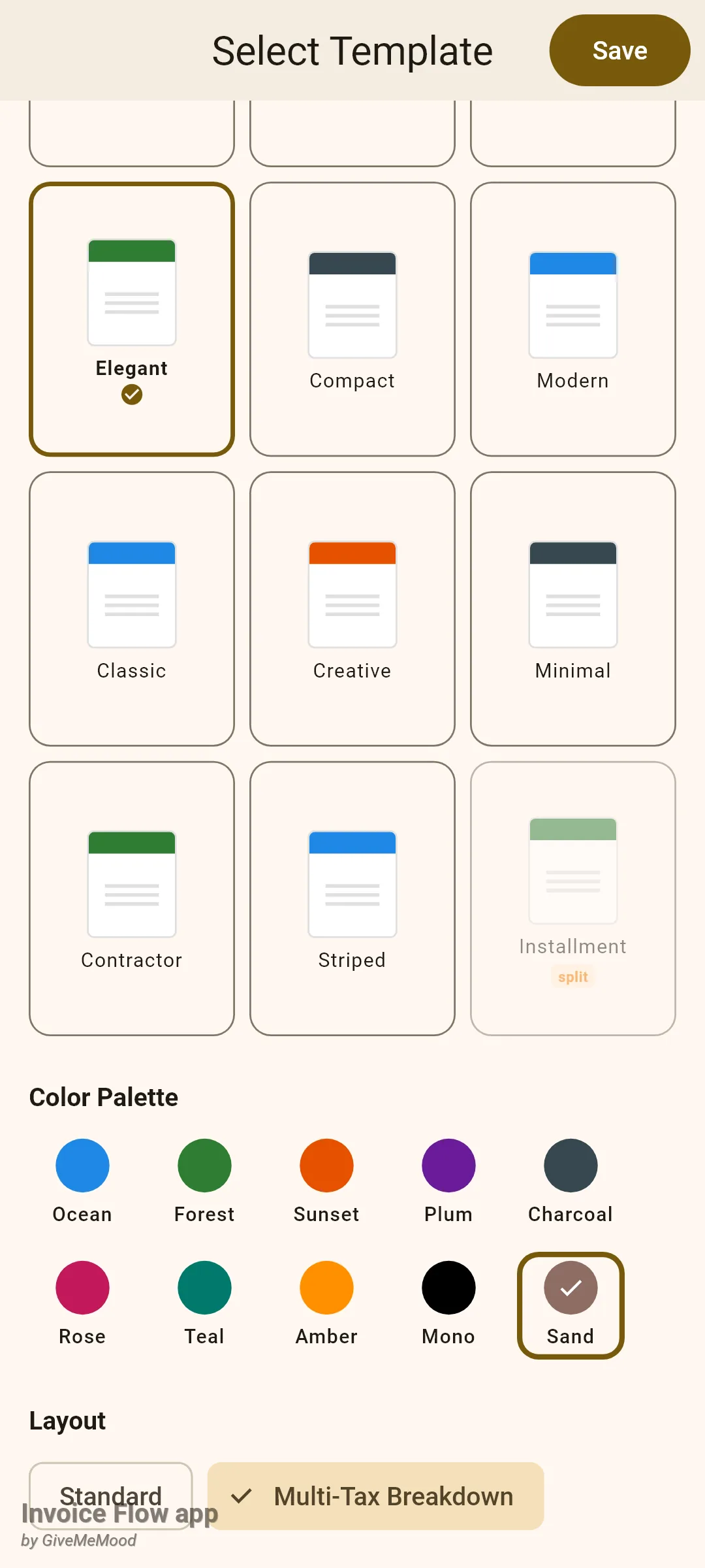 Invoice Flow app Select Template screen scrolled to the Color Palette section with ten chips, Sand selected with a check, and the Layout section with the Multi-Tax Breakdown chip chosen