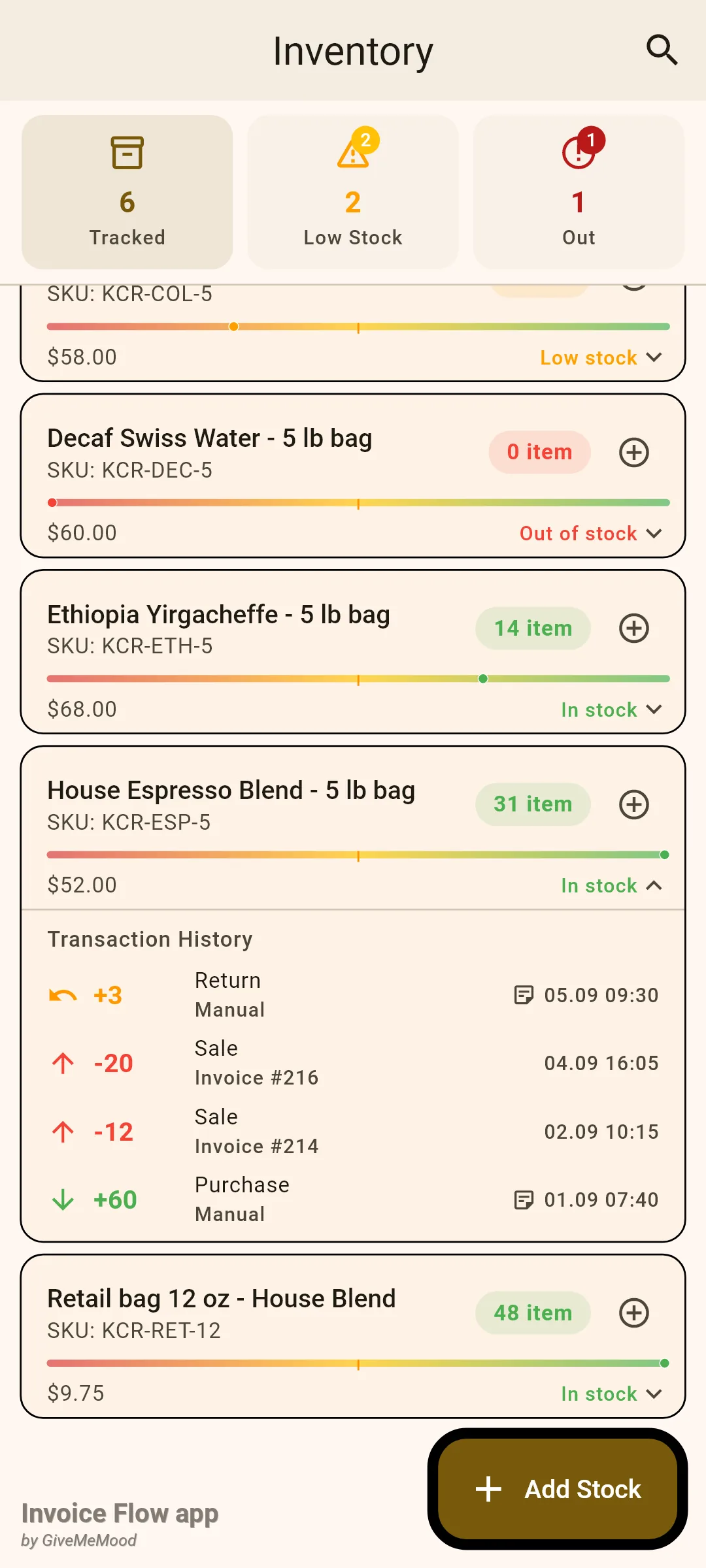 Invoice Flow app Inventory screen with the House Espresso Blend - 5 lb bag card expanded to a Transaction History showing Return +3 Manual on 05.09, Sale -20 Invoice #216 on 04.09, Sale -12 Invoice #214 on 02.09 and Purchase +60 Manual on 01.09