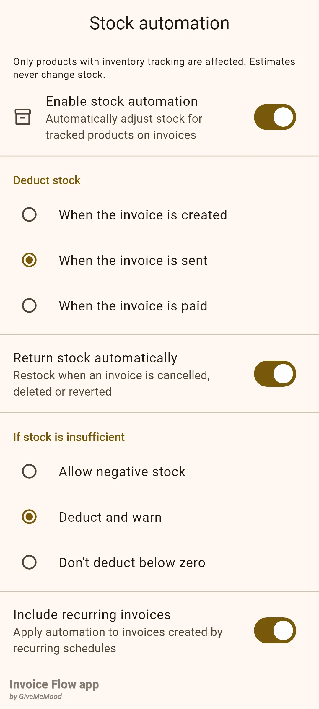 Invoice Flow app Stock automation settings with Enable stock automation on, Deduct stock radios where When the invoice is sent is selected, Return stock automatically on, If stock is insufficient radios where Deduct and warn is selected, and Include recurring invoices on