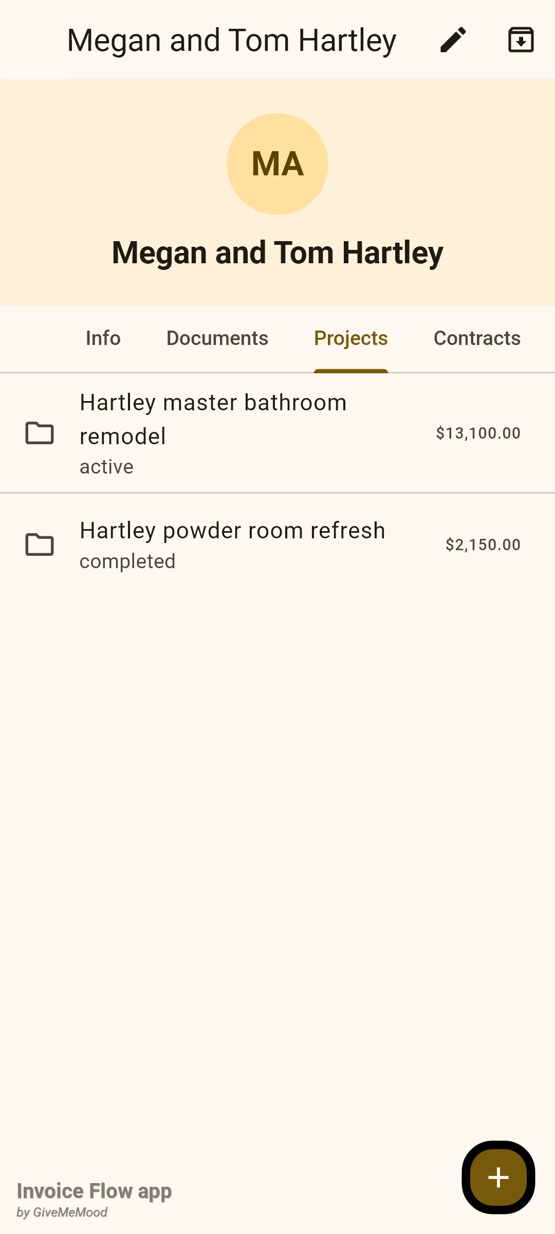 Invoice Flow app client detail screen for Megan and Tom Hartley on the Projects tab, listing Hartley master bathroom remodel (active, $13,100.00) and Hartley powder room refresh (completed, $2,150.00) with a round plus button in the corner