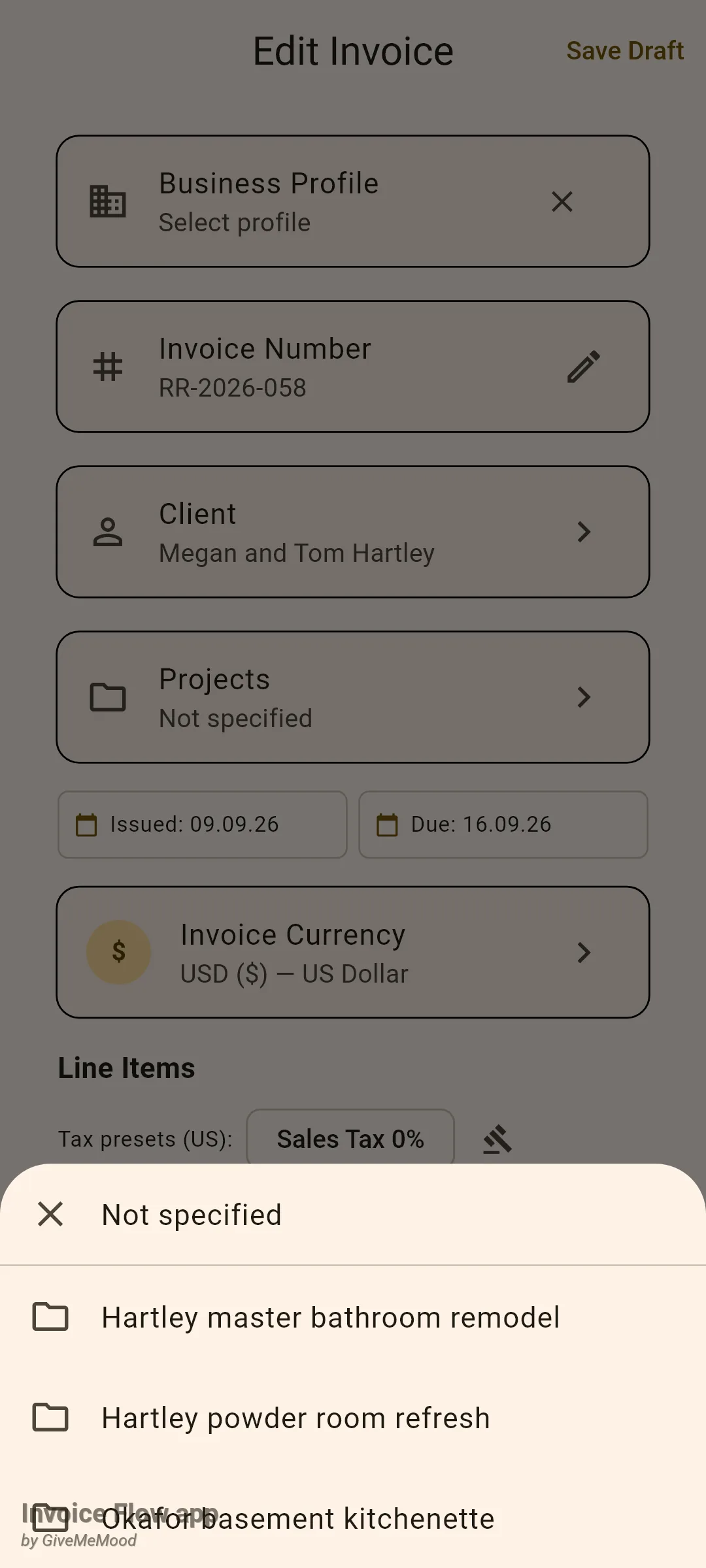 Invoice Flow app invoice editor for draft RR-2026-058 with the Projects picker sheet open at the bottom, offering Not specified, Hartley master bathroom remodel, Hartley powder room refresh and Okafor basement kitchenette
