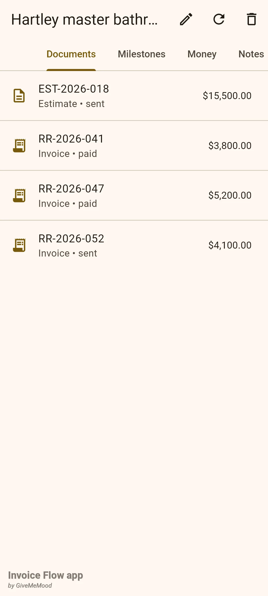 Invoice Flow app project detail Documents tab for Hartley master bathroom remodel listing EST-2026-018 Estimate sent $15,500.00, RR-2026-041 Invoice paid $3,800.00, RR-2026-047 Invoice paid $5,200.00 and RR-2026-052 Invoice sent $4,100.00